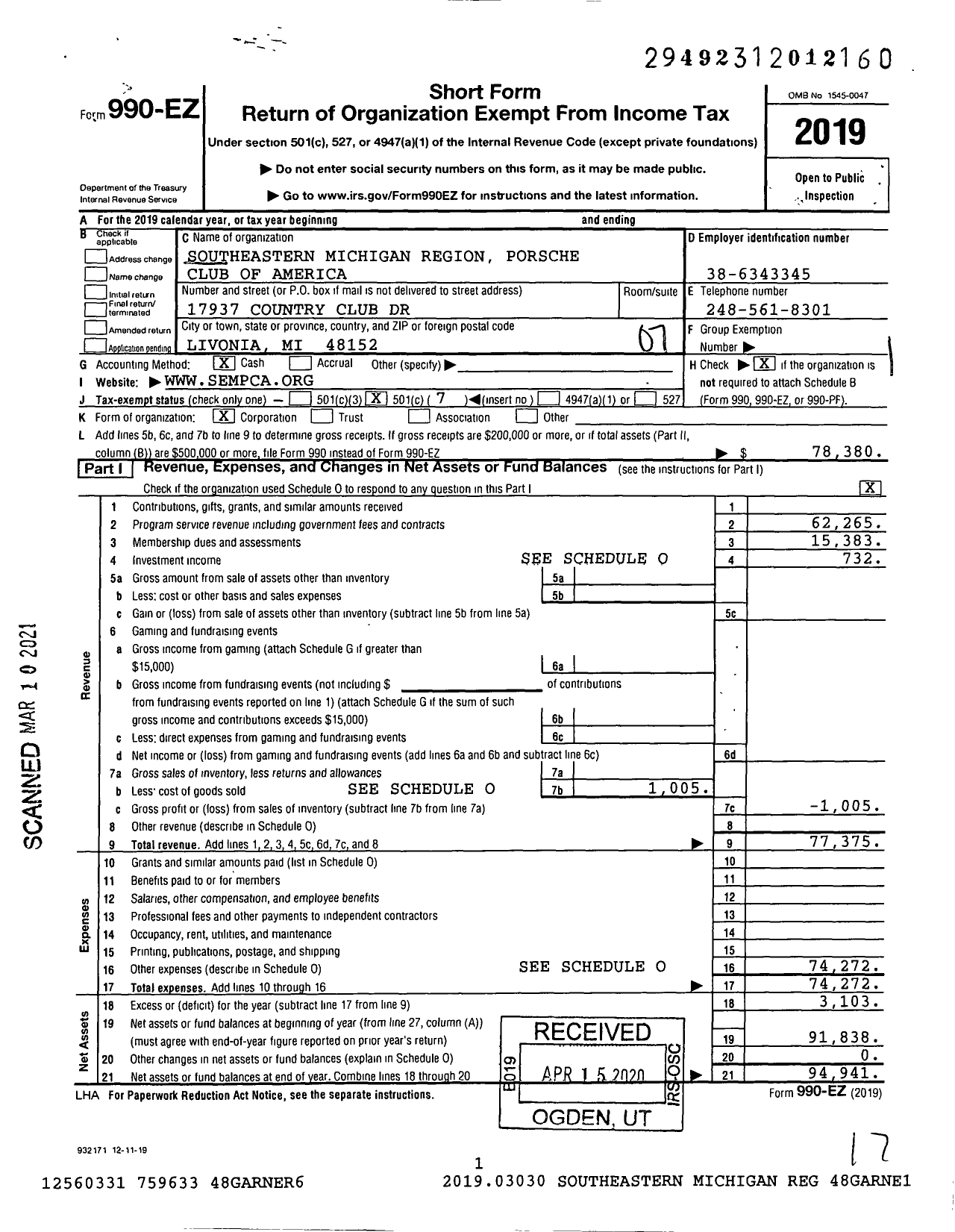 Image of first page of 2019 Form 990EO for Southeastern Michigan Region Porsche Club of America