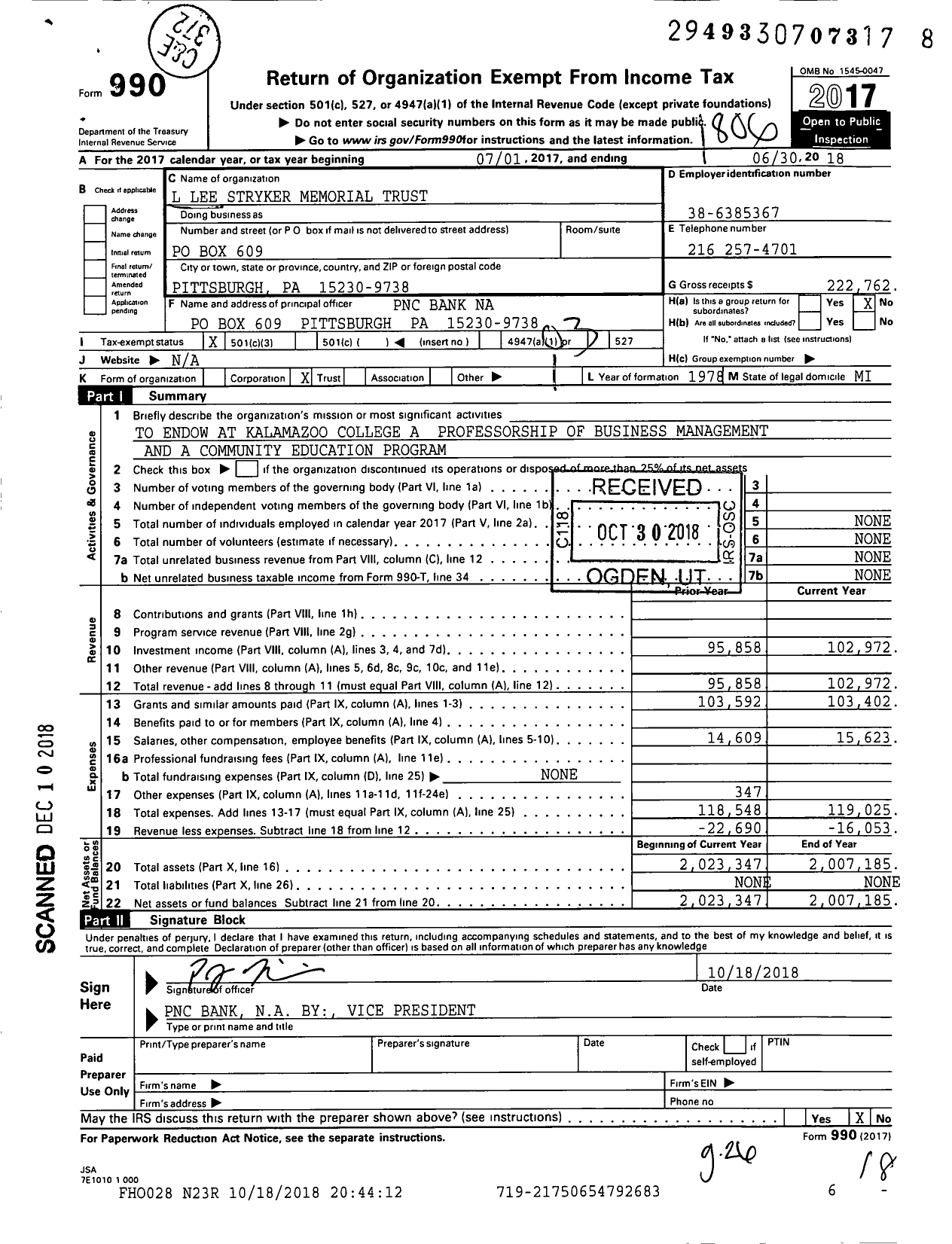 Image of first page of 2017 Form 990 for L Lee Stryker Memorial Trust