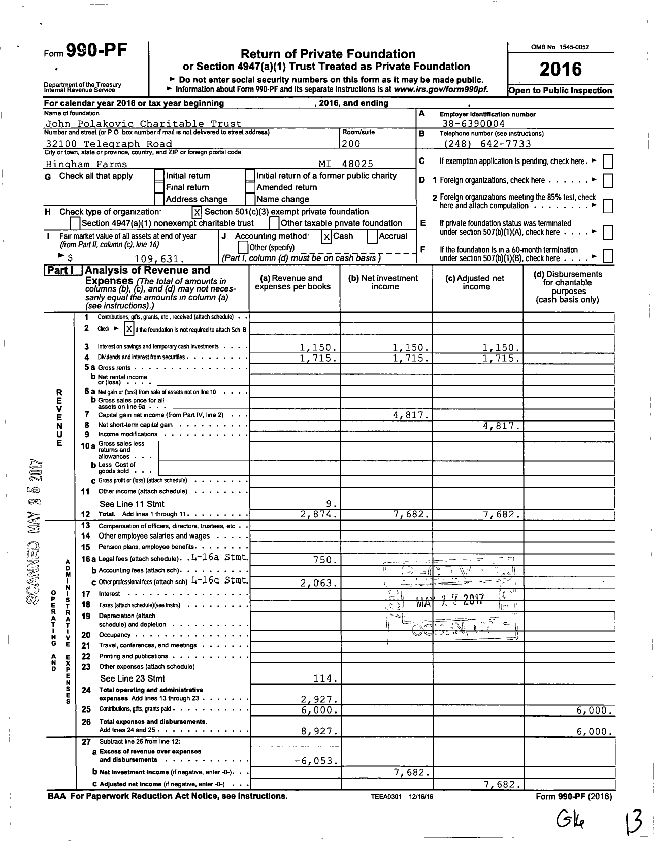 Image of first page of 2016 Form 990PF for John Polakovic Charitable Trust