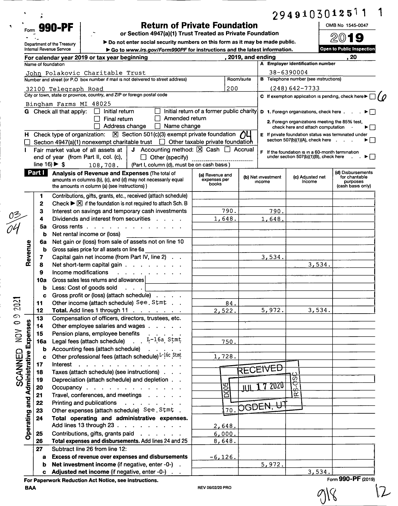 Image of first page of 2019 Form 990PF for John Polakovic Charitable Trust