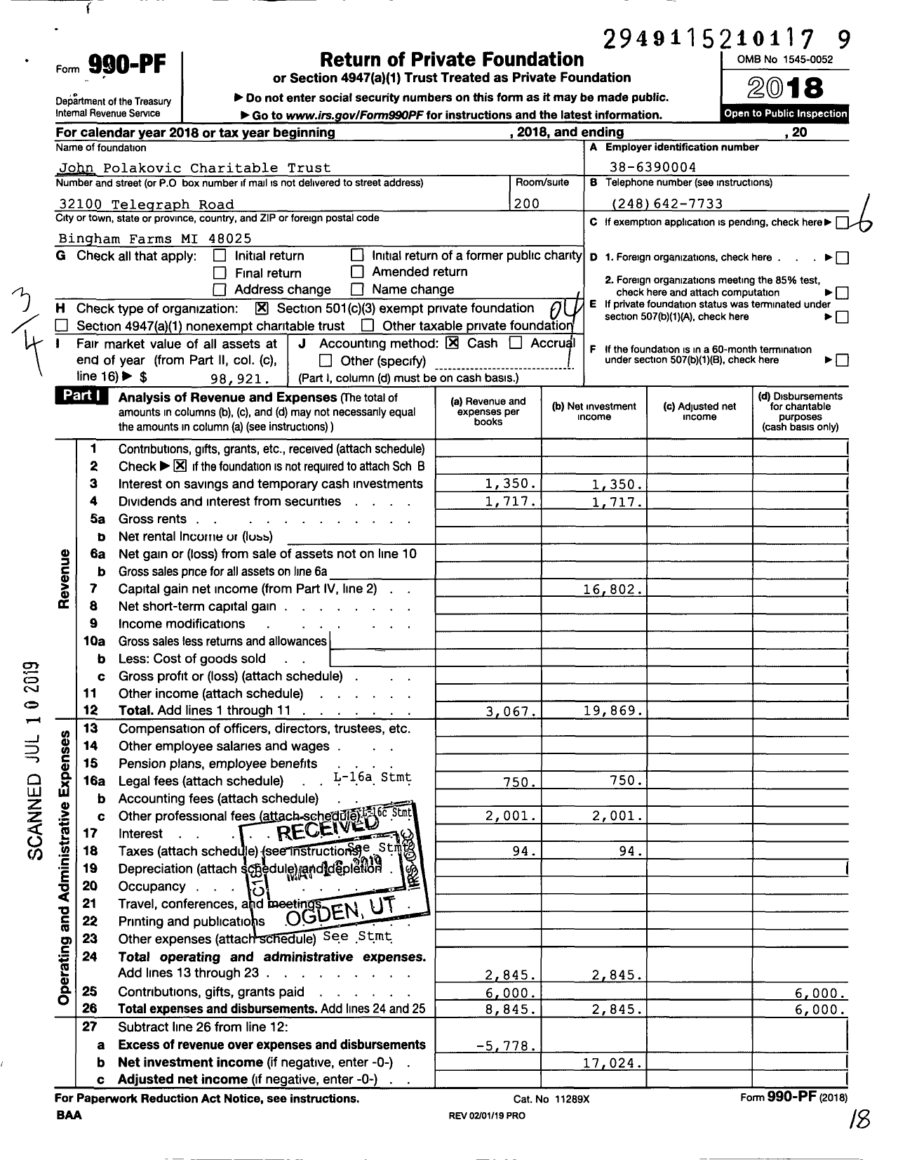 Image of first page of 2018 Form 990PF for John Polakovic Charitable Trust