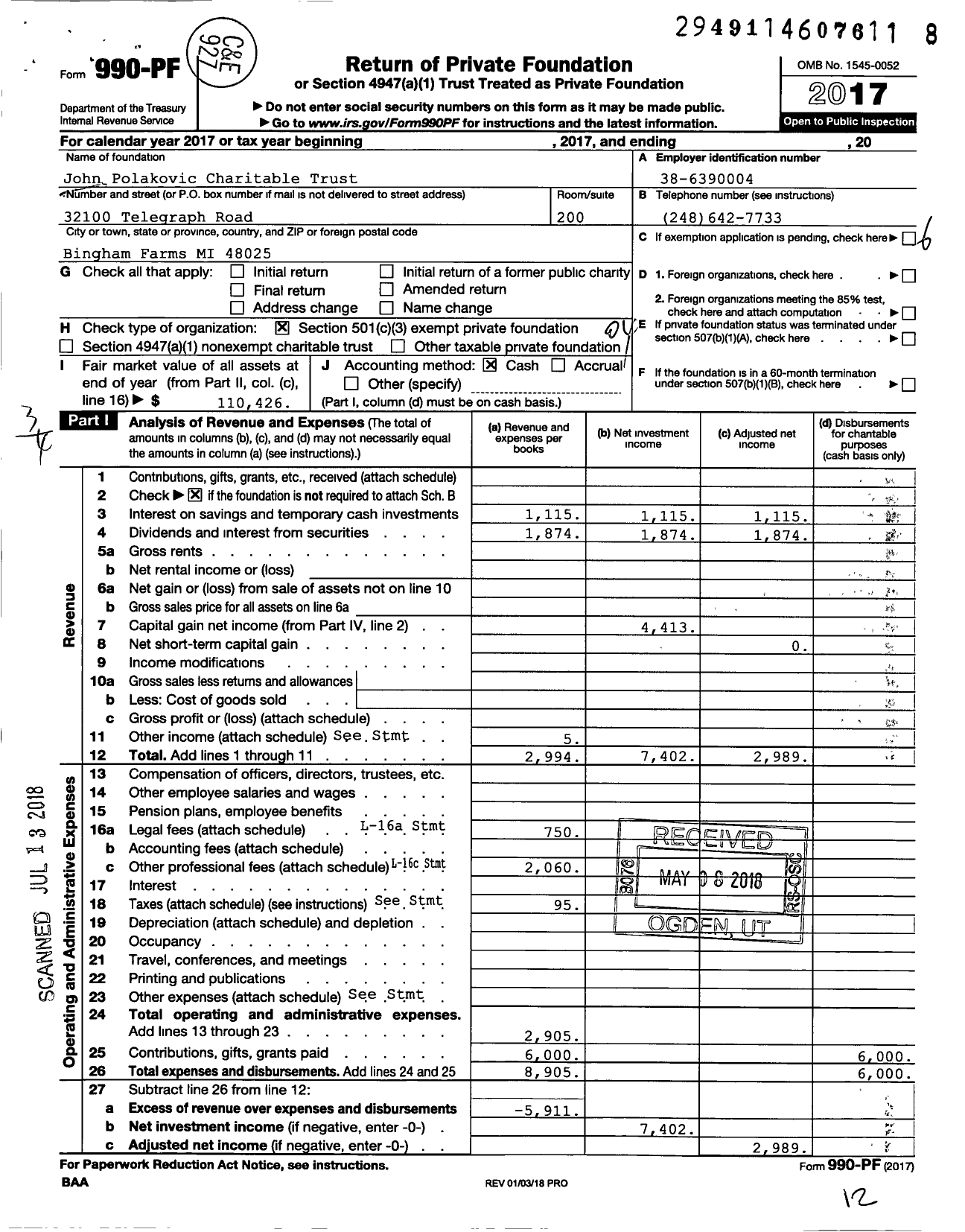 Image of first page of 2017 Form 990PF for John Polakovic Charitable Trust