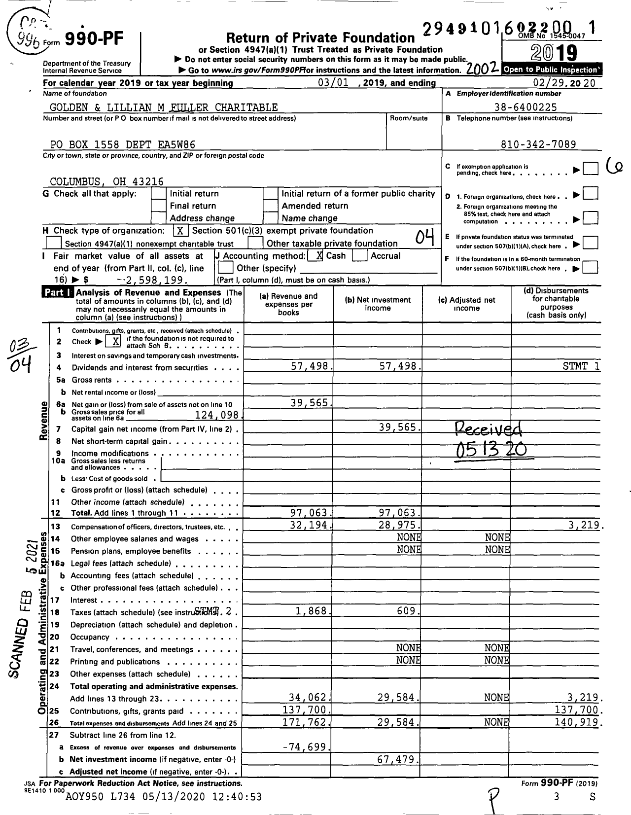 Image of first page of 2019 Form 990PF for Golden and Lillian M Fuller Charitable