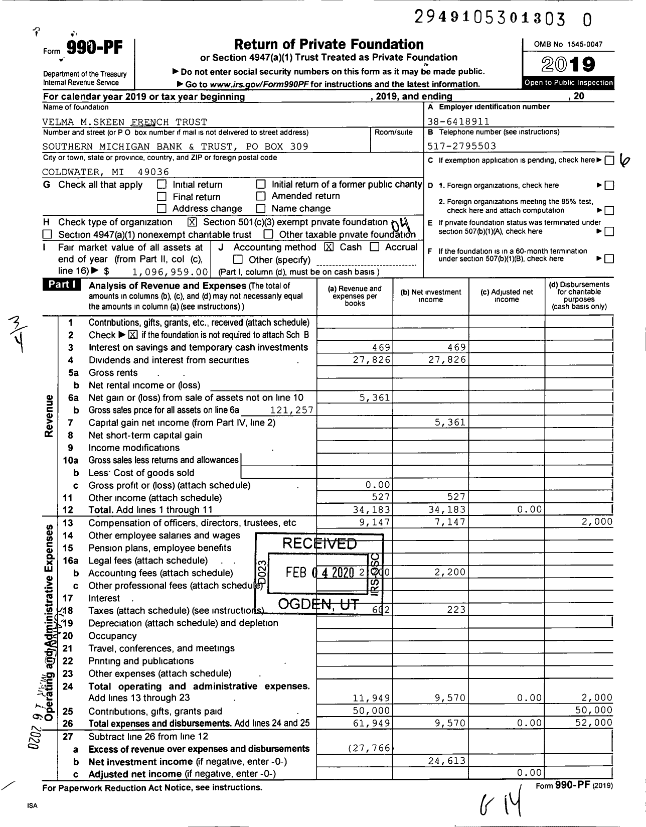 Image of first page of 2019 Form 990PR for Velma M French Trust