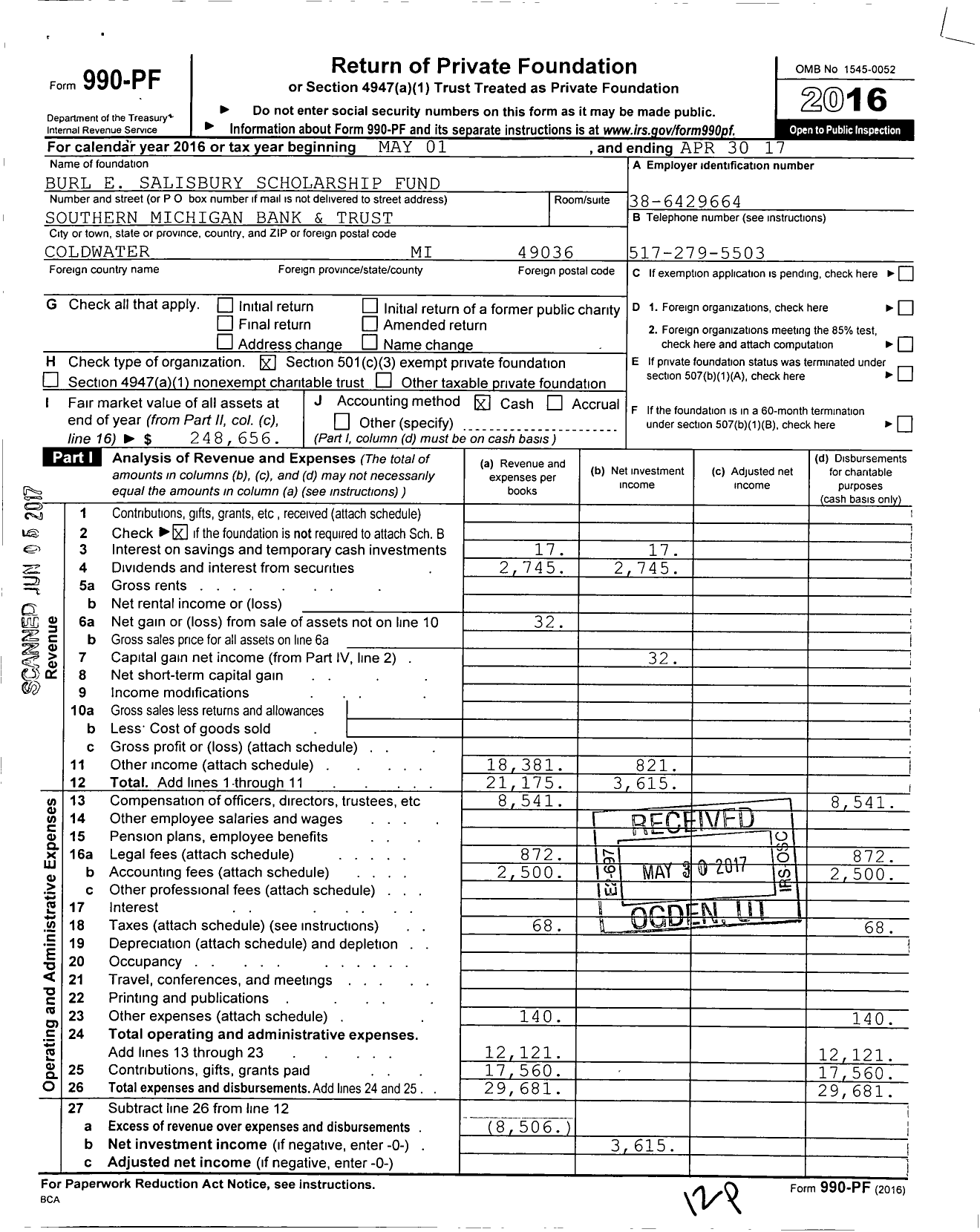 Image of first page of 2016 Form 990PF for Burl E Salisbury Scholarship Fund