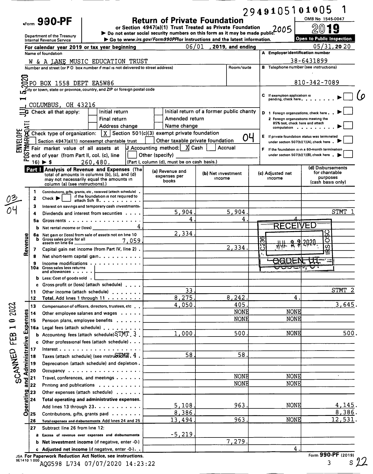 Image of first page of 2019 Form 990PF for W and A Lane Music Education Trust