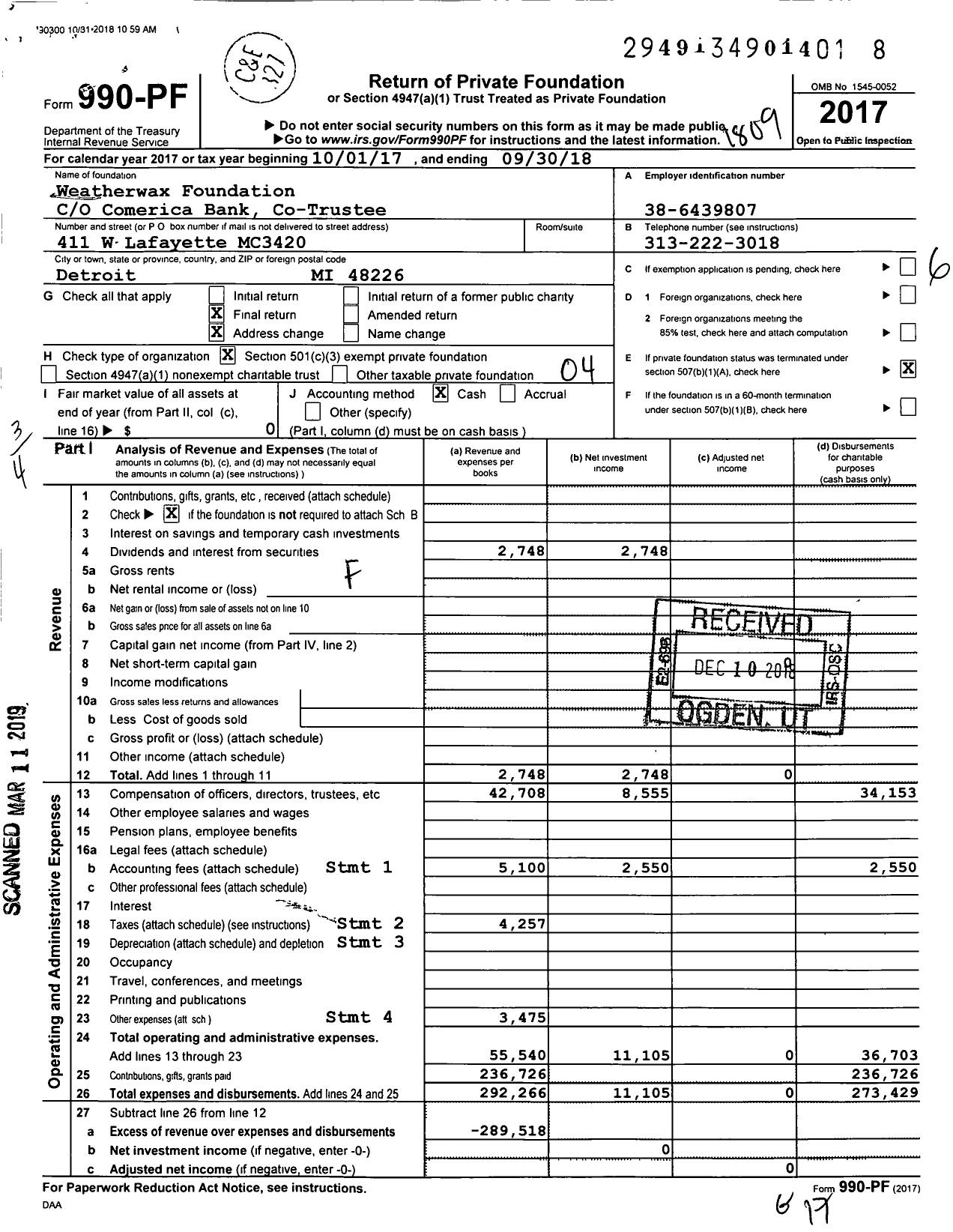Image of first page of 2017 Form 990PF for Weatherwax Foundation