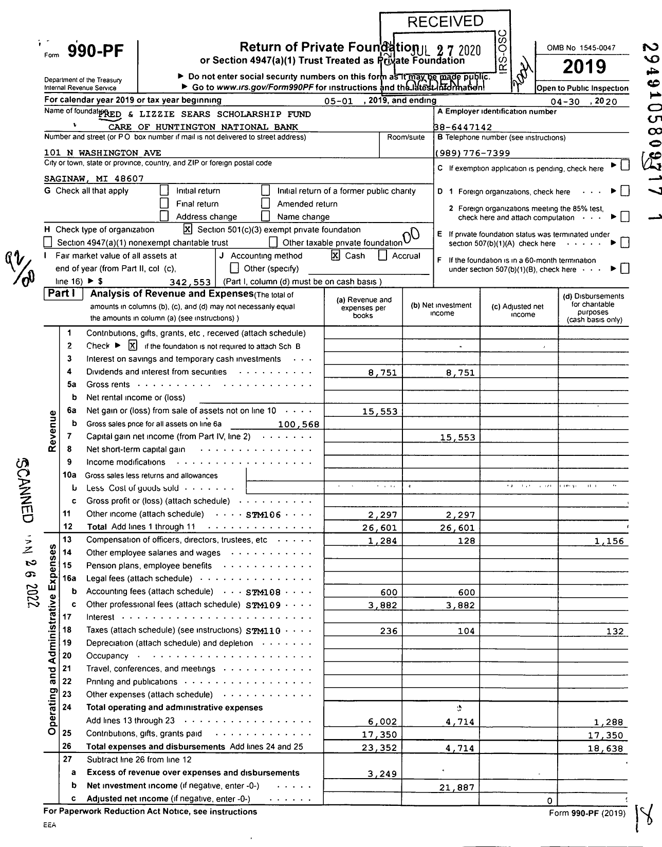 Image of first page of 2019 Form 990PF for Fred and Lizzie Sears Scholarship Fund