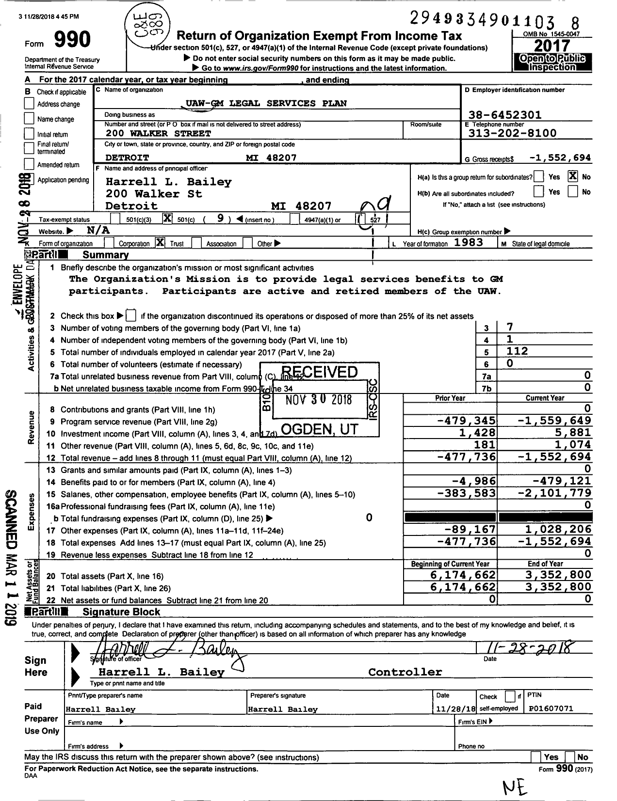 Image of first page of 2017 Form 990O for Uaw Legal Services Plan Trust for Uaw-Represented Hourly Employees