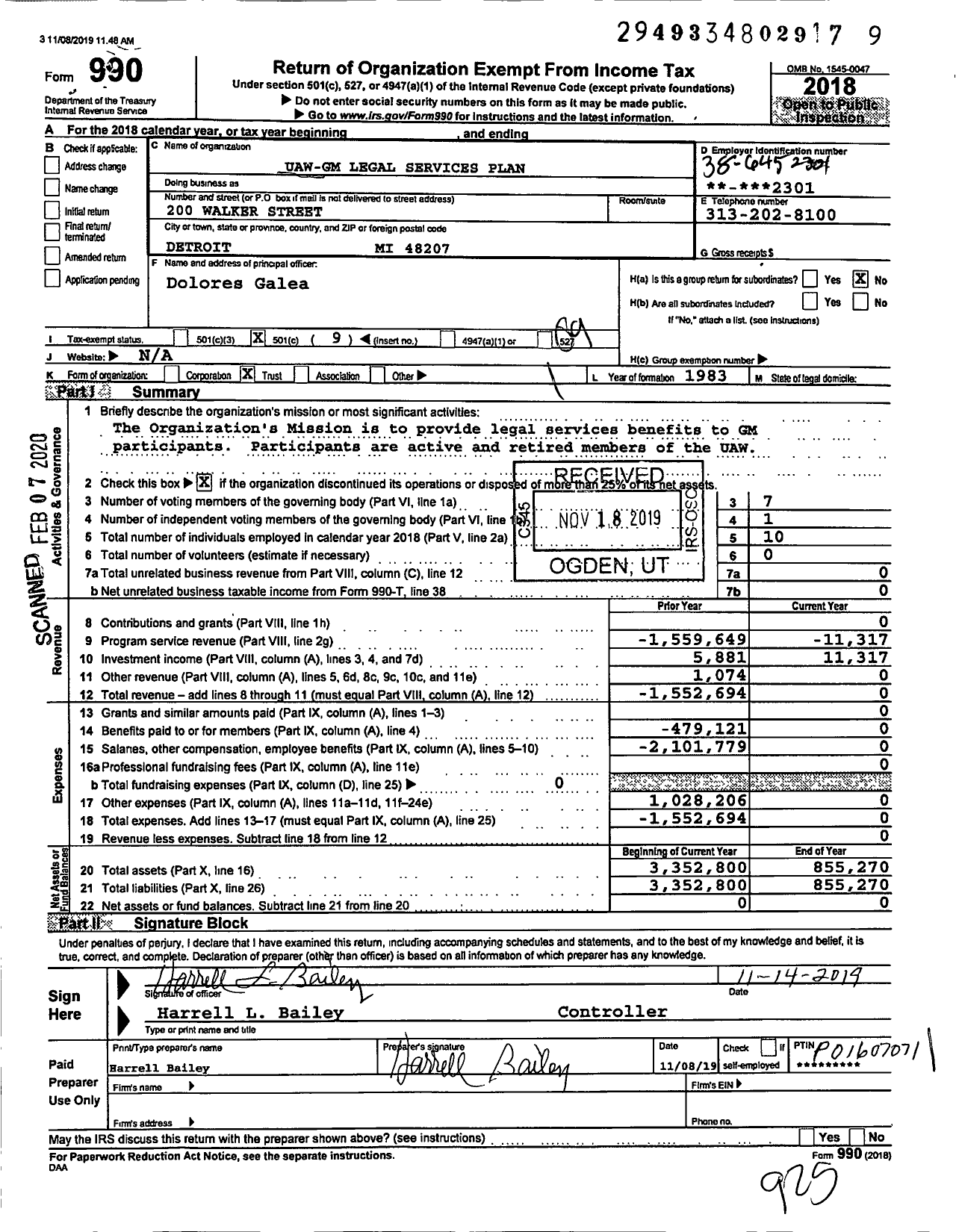 Image of first page of 2018 Form 990O for Uaw Legal Services Plan Trust for Uaw-Represented Hourly Employees