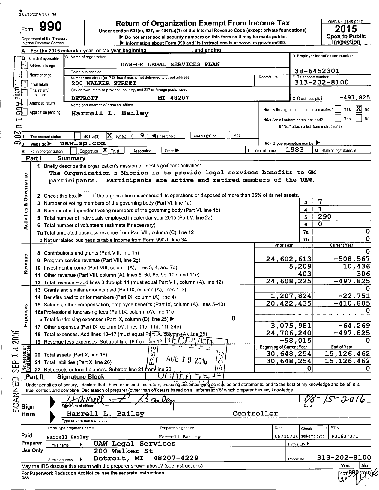 Image of first page of 2015 Form 990O for Uaw Legal Services Plan Trust for Uaw-Represented Hourly Employees