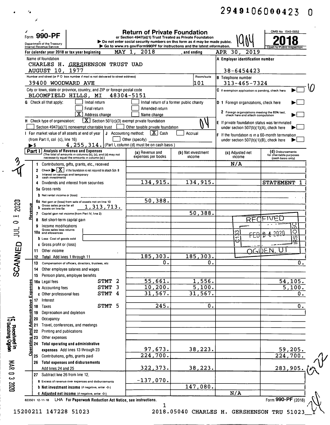 Image of first page of 2018 Form 990PR for Charles H Gershenson TR 081077