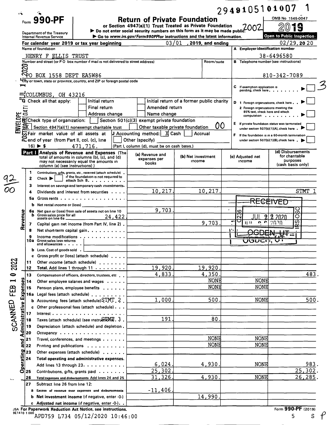 Image of first page of 2019 Form 990PF for Henry F Ellis Trust