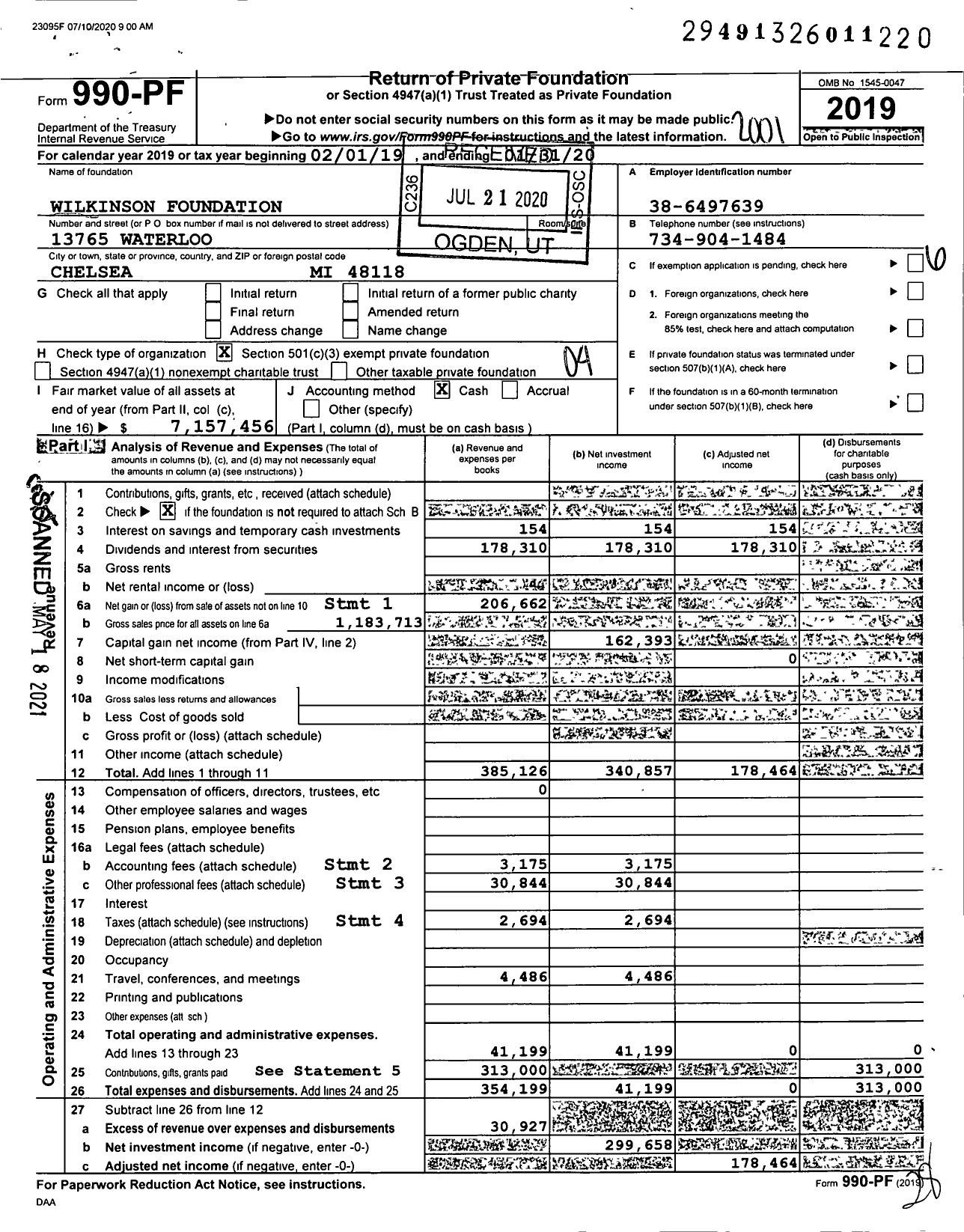 Image of first page of 2019 Form 990PF for Wilkinson Foundation