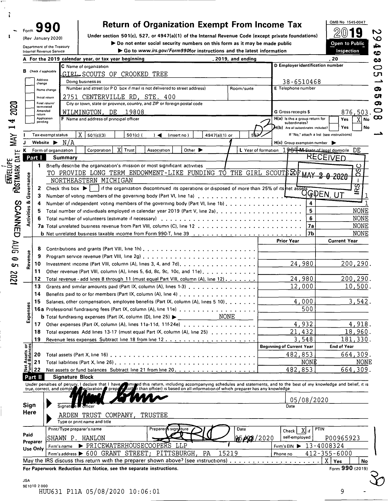 Image of first page of 2019 Form 990 for Girl Scouts of Crooked Tree