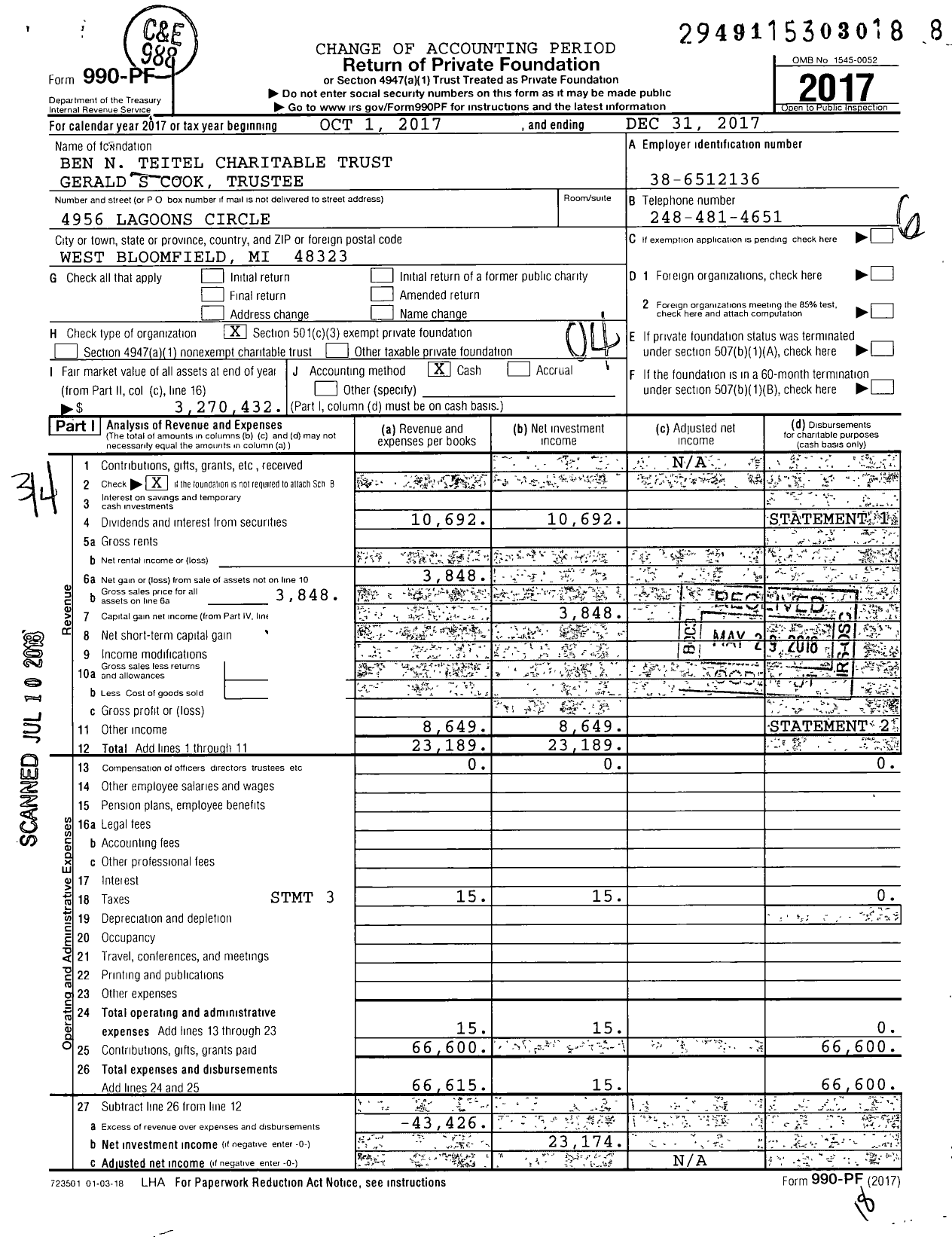 Image of first page of 2017 Form 990PF for Ben N Teitel Charitable Trust