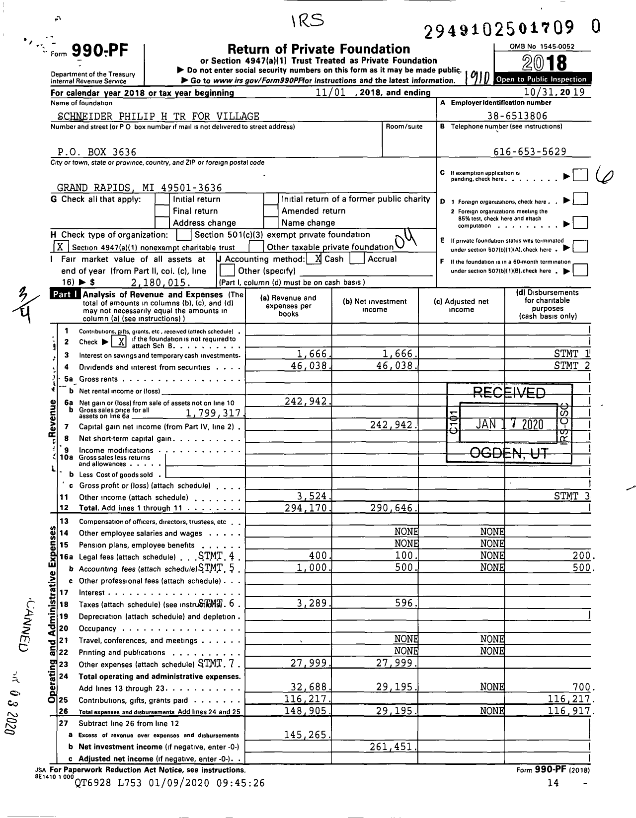 Image of first page of 2018 Form 990PR for Schneider Philip H TR for Village