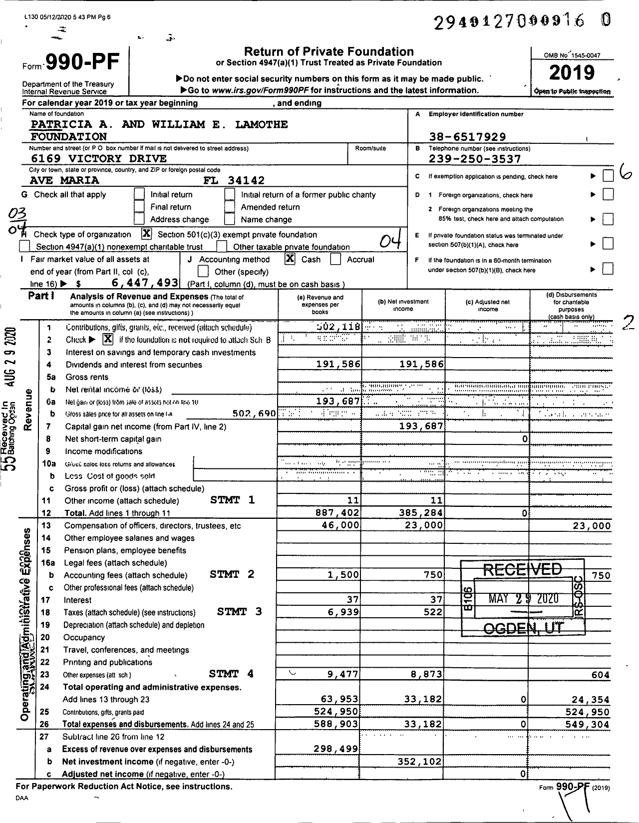 Image of first page of 2019 Form 990PF for Patricia A and William E Lamothe Foundation