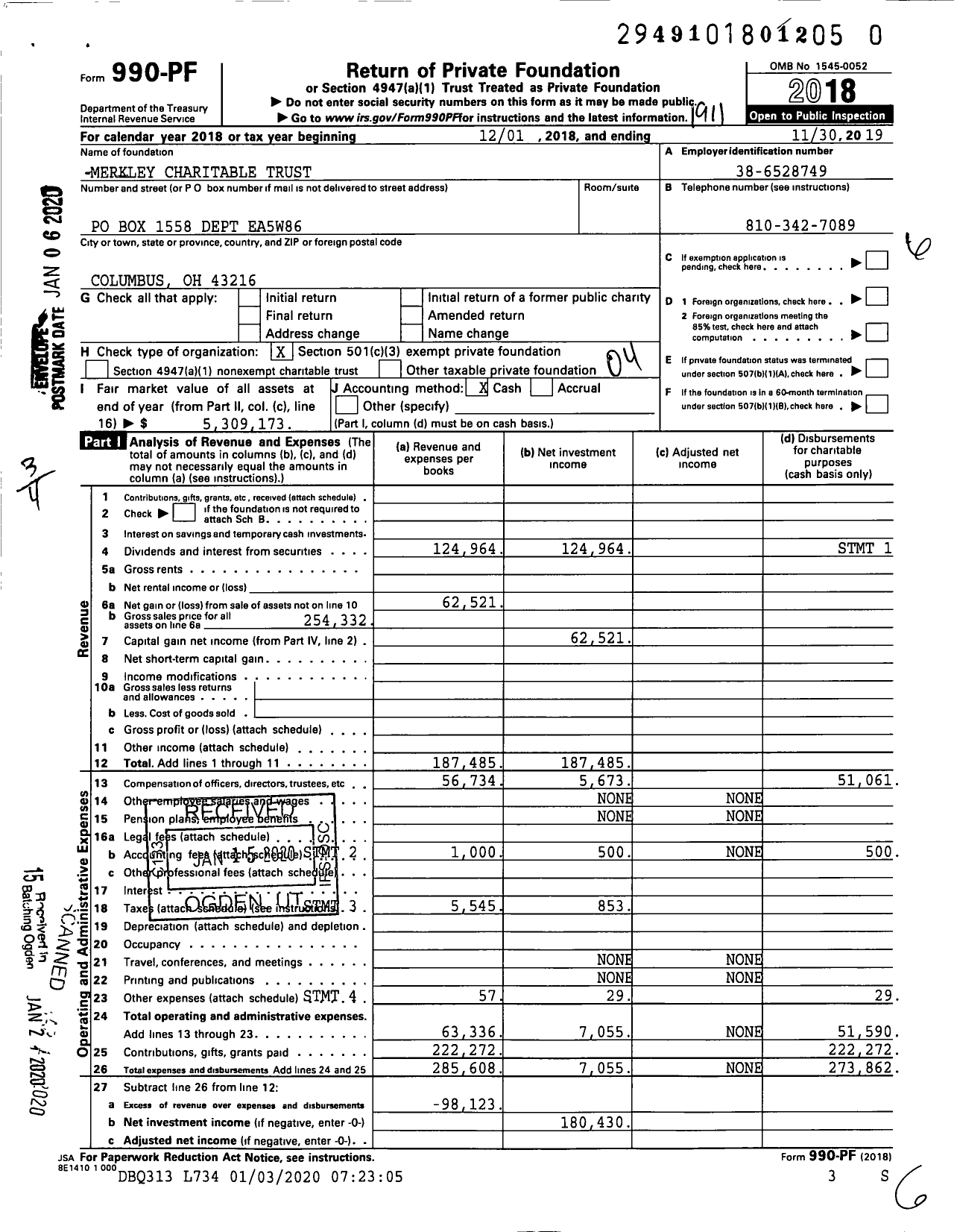 Image of first page of 2018 Form 990PR for Merkley Charitable Trust