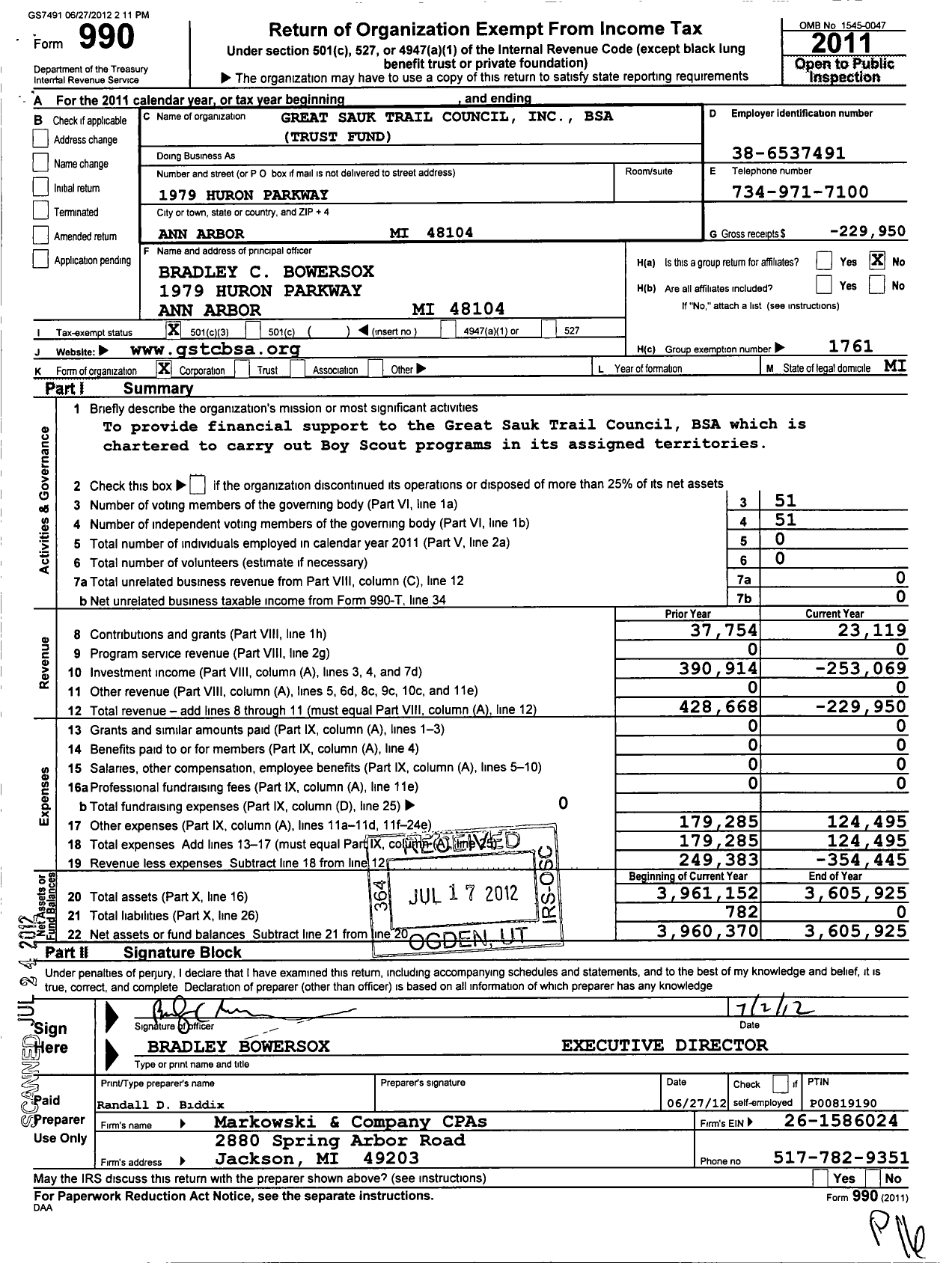 Image of first page of 2011 Form 990 for Boy Scouts of America - 255 Great Sauk Trail Council TR Fun