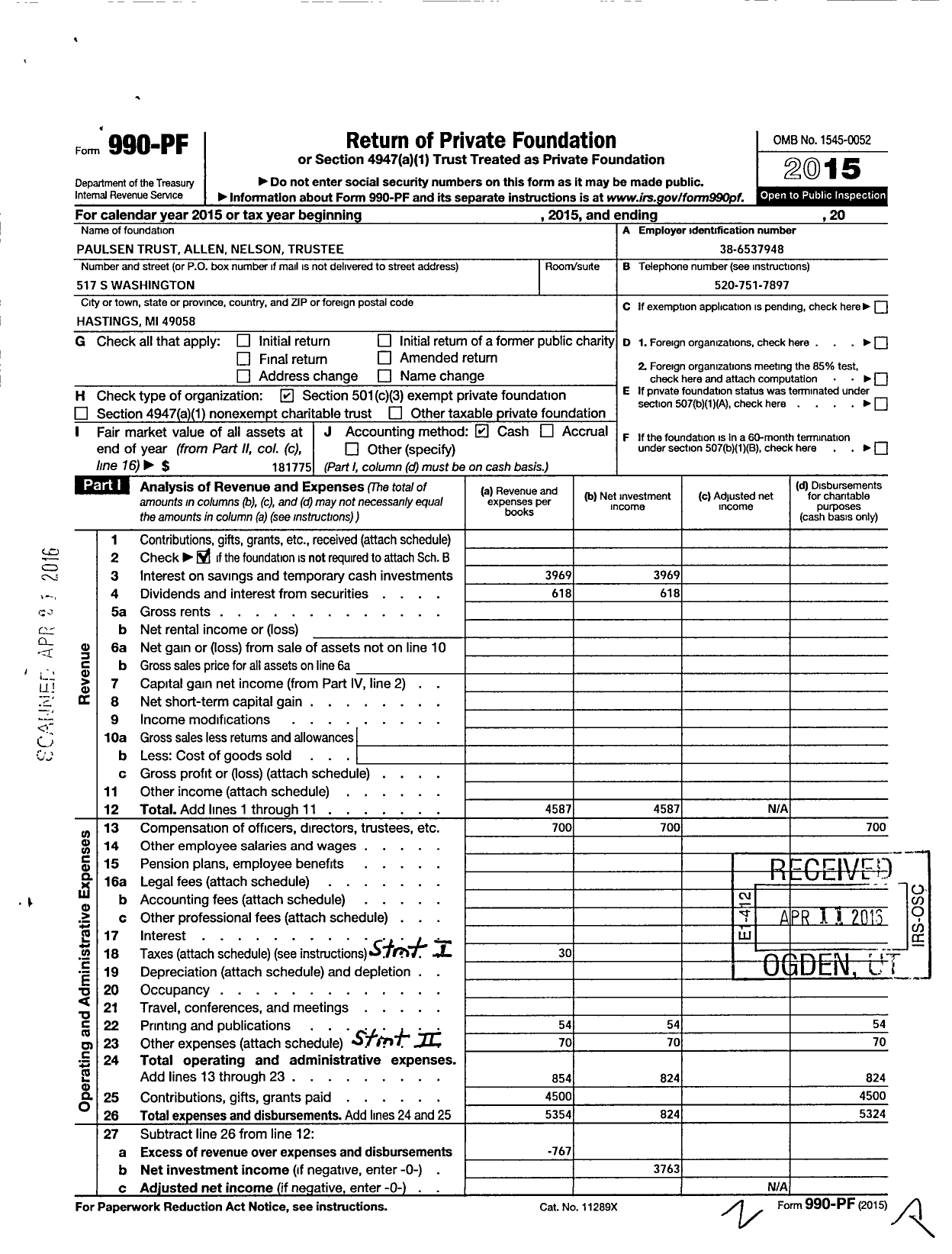 Image of first page of 2015 Form 990PF for Paulsen Trust Allen Nelson Trustee