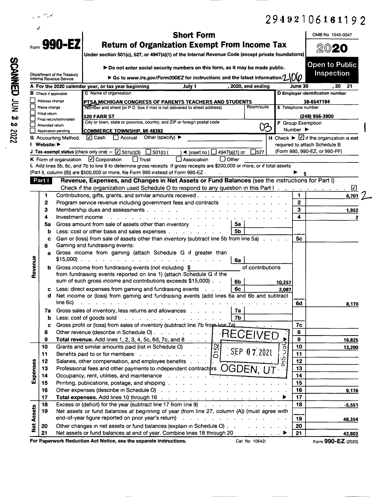 Image of first page of 2020 Form 990EZ for Ptsa Michigan Congress of Parents Teachers and Students / Commerce Elementary PTA