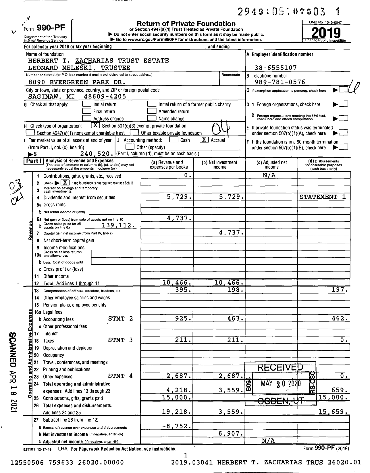 Image of first page of 2019 Form 990PF for Herbert T Zacharias Trust Estate Leonard Meleski Trustee