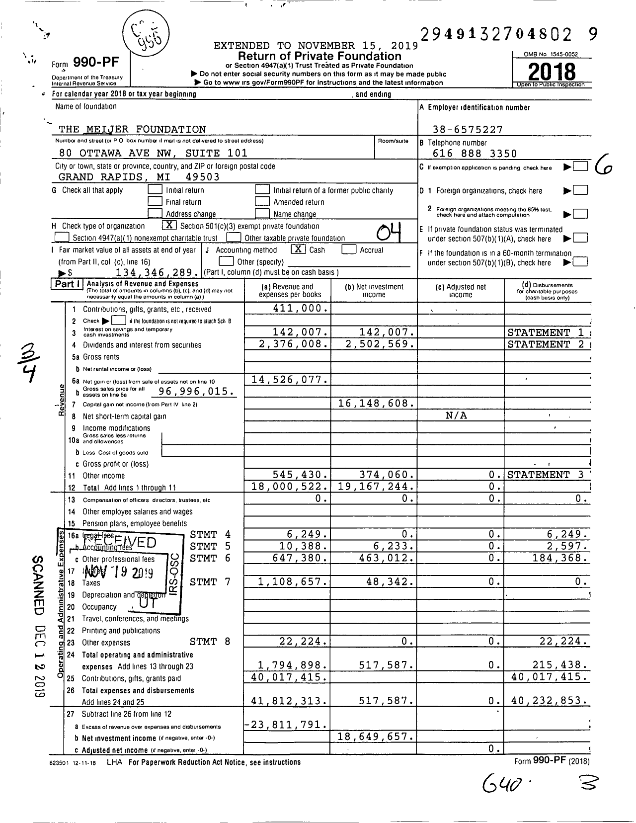 Image of first page of 2018 Form 990PF for Meijer
