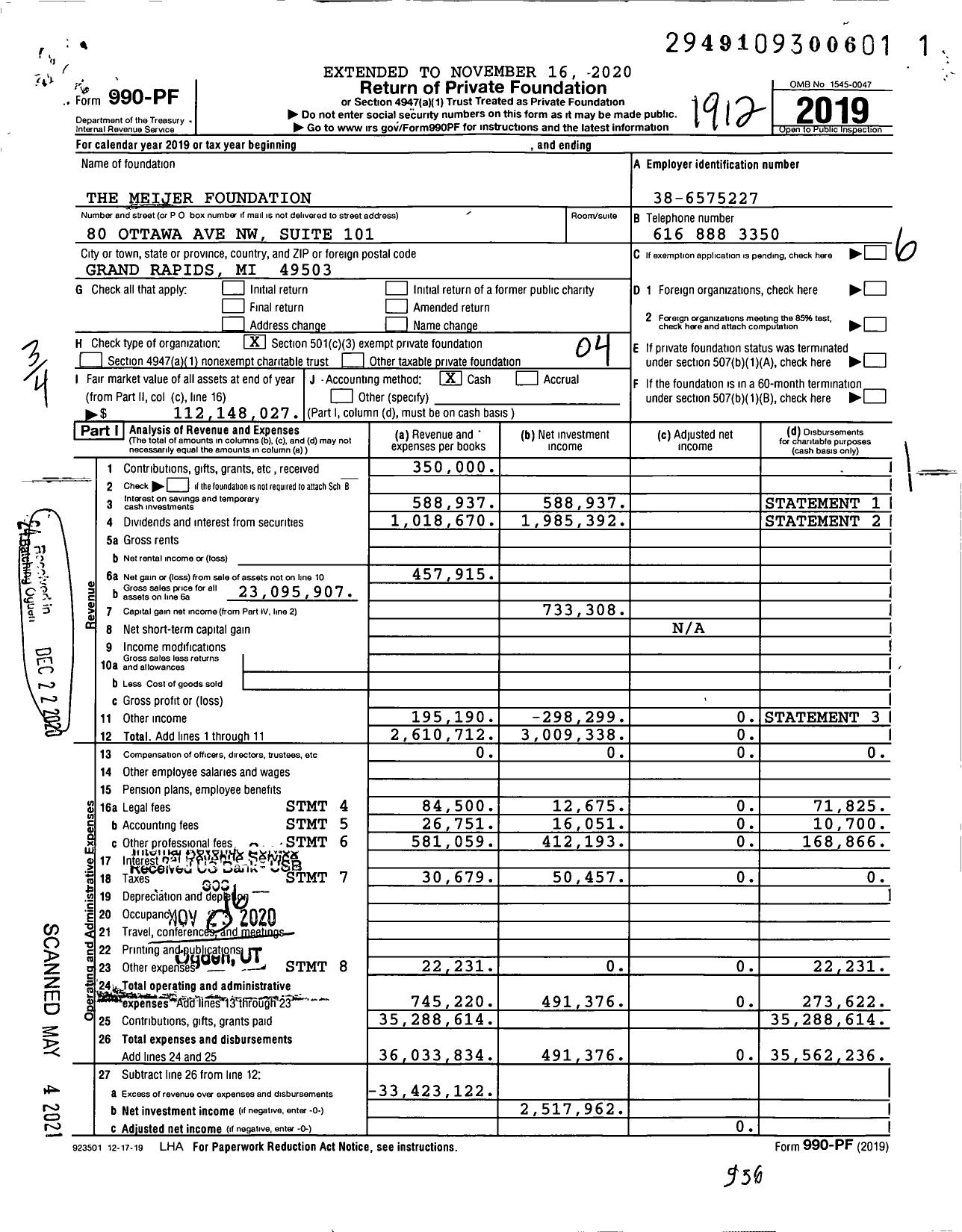 Image of first page of 2019 Form 990PF for Meijer