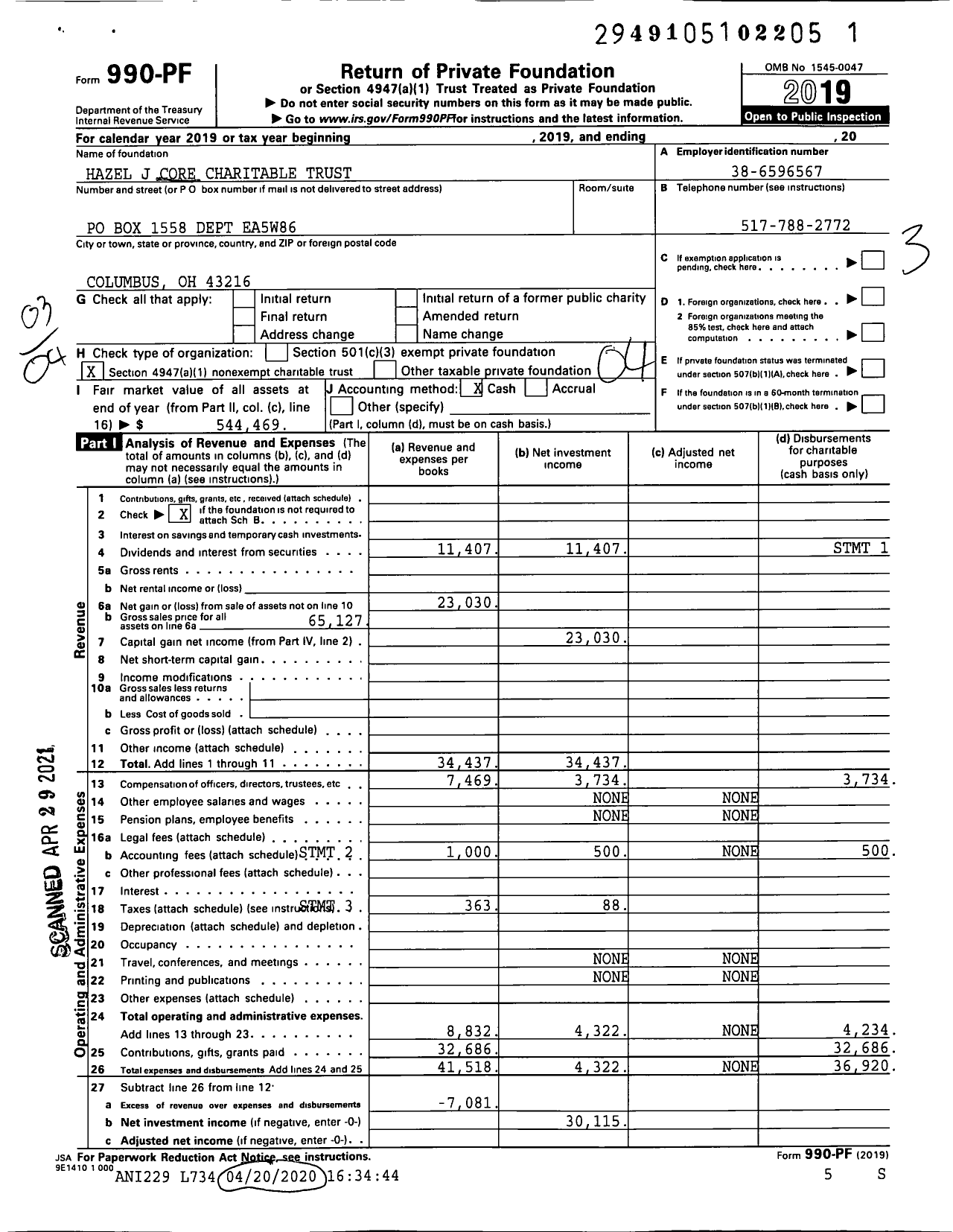 Image of first page of 2019 Form 990PF for Hazel J Core Charitable Trust