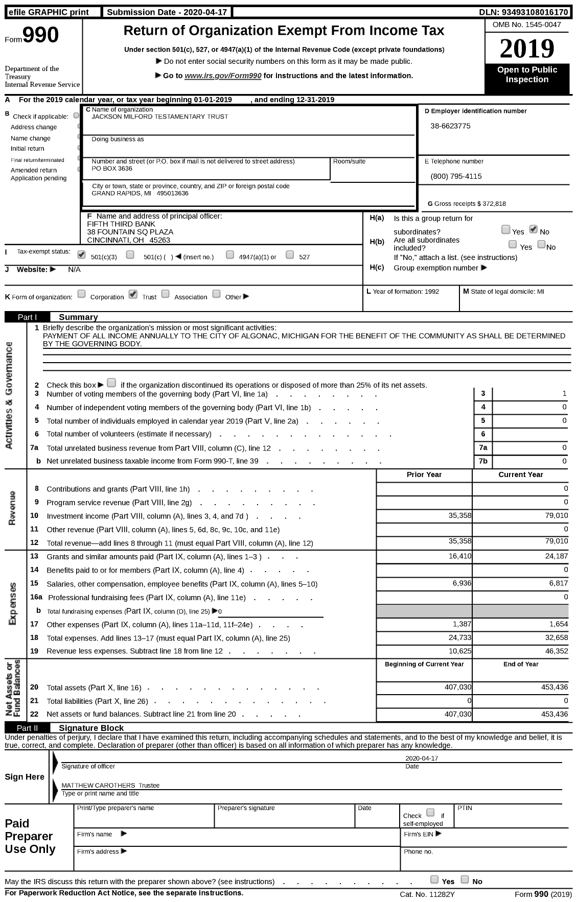 Image of first page of 2019 Form 990 for Jackson Milford Testamentary Trust