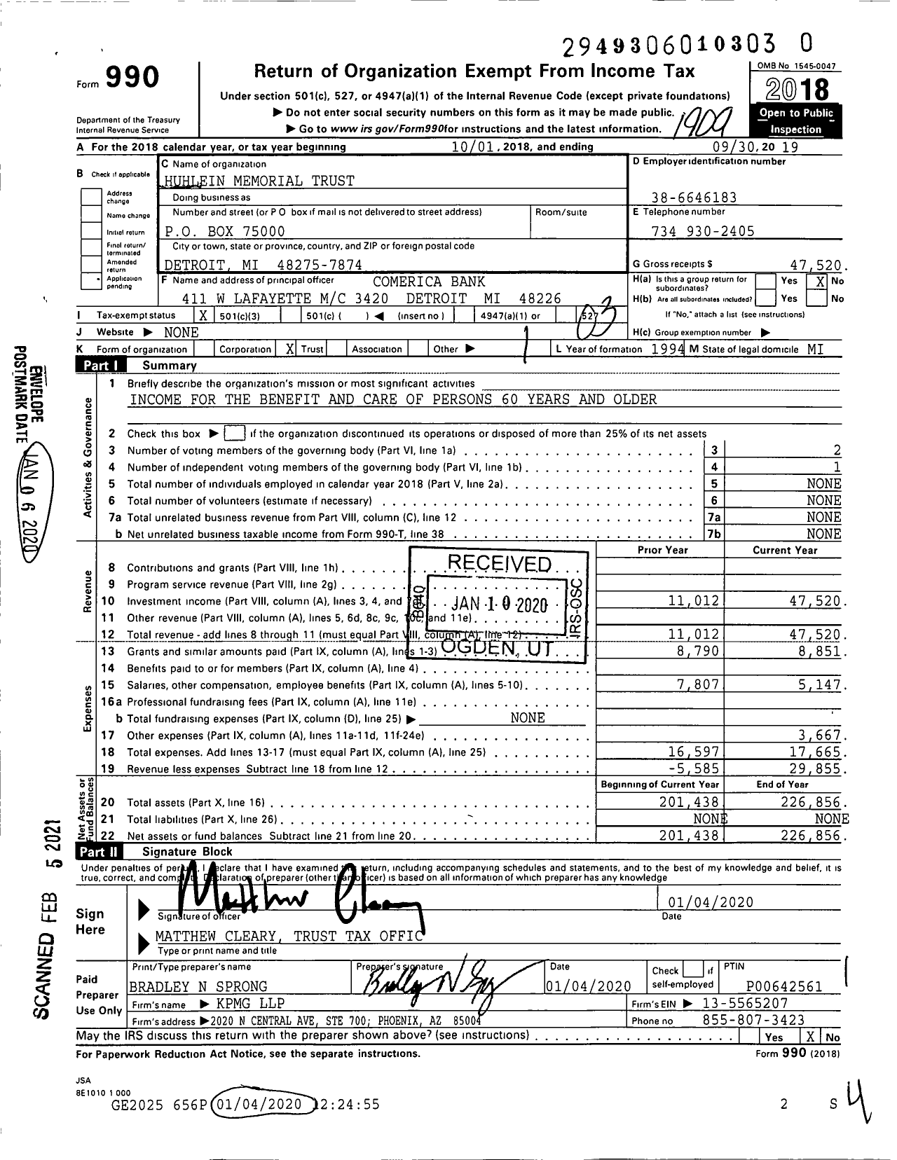 Image of first page of 2018 Form 990 for Huhlein Memorial Trust