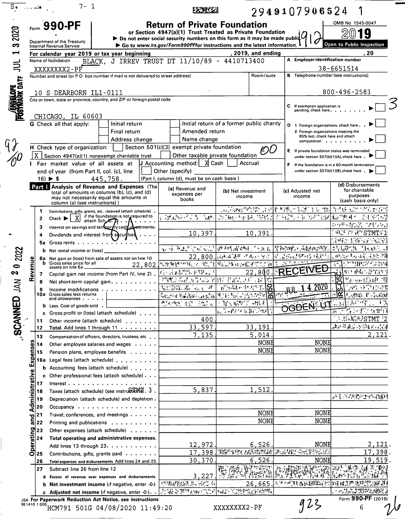 Image of first page of 2019 Form 990PF for Black J Irrev Trust DT 111089 - 4410713400