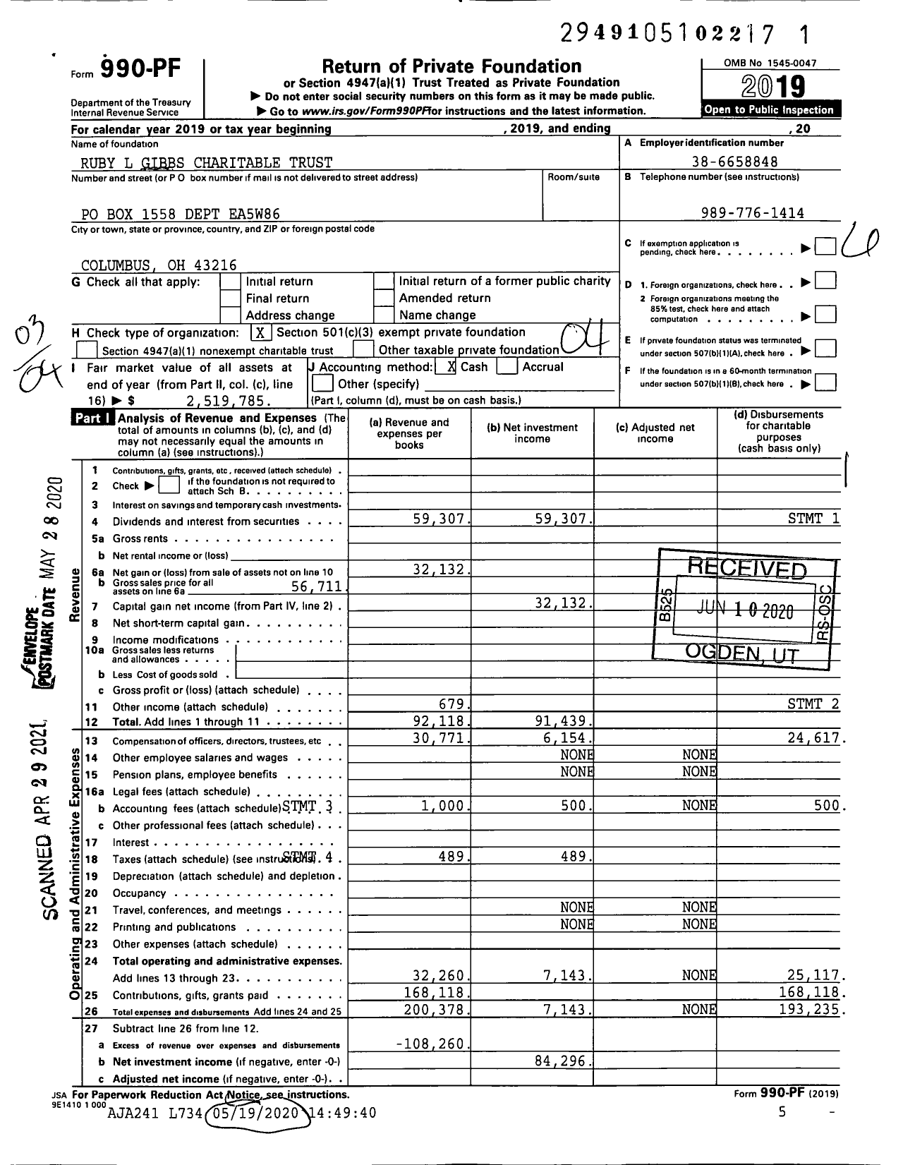 Image of first page of 2019 Form 990PF for Ruby L Gibbs Charitable Trust