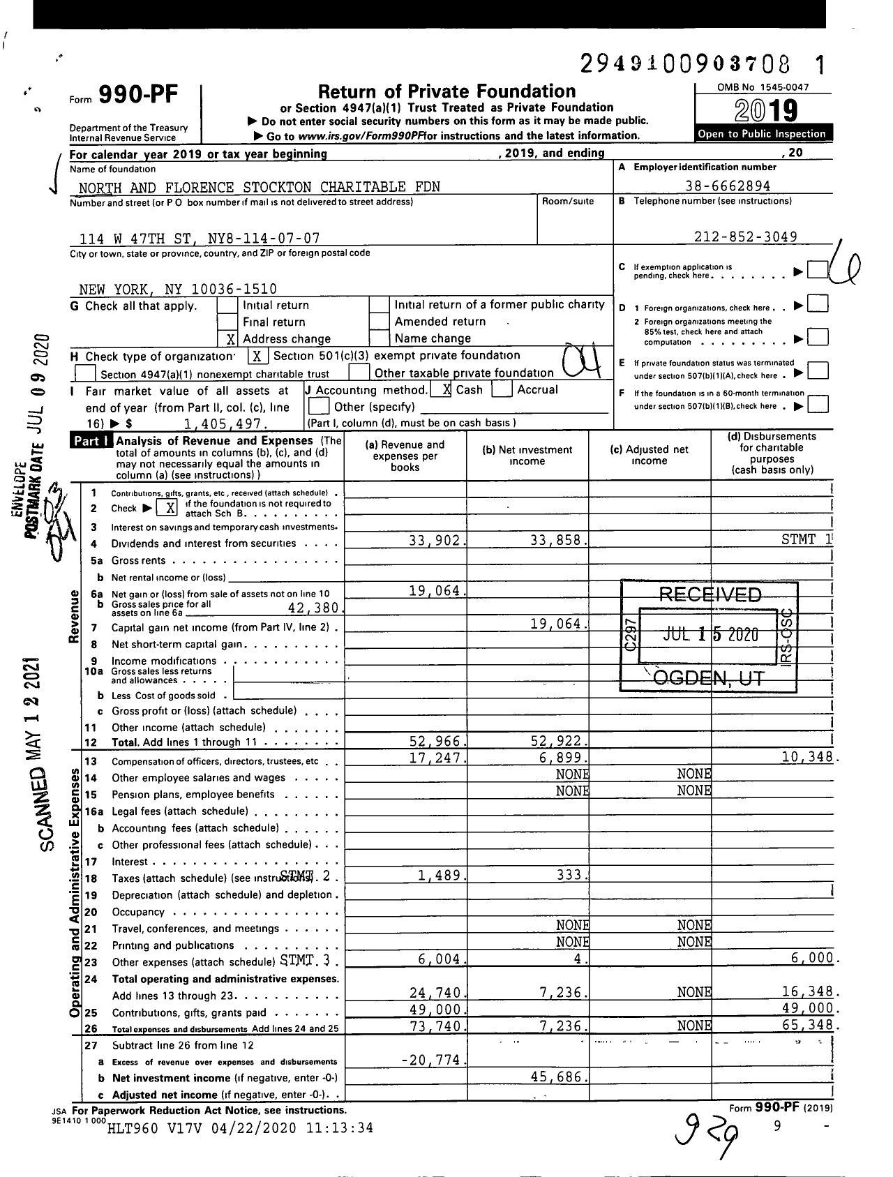 Image of first page of 2019 Form 990PF for North and Florence Stockton Charitable Foundation
