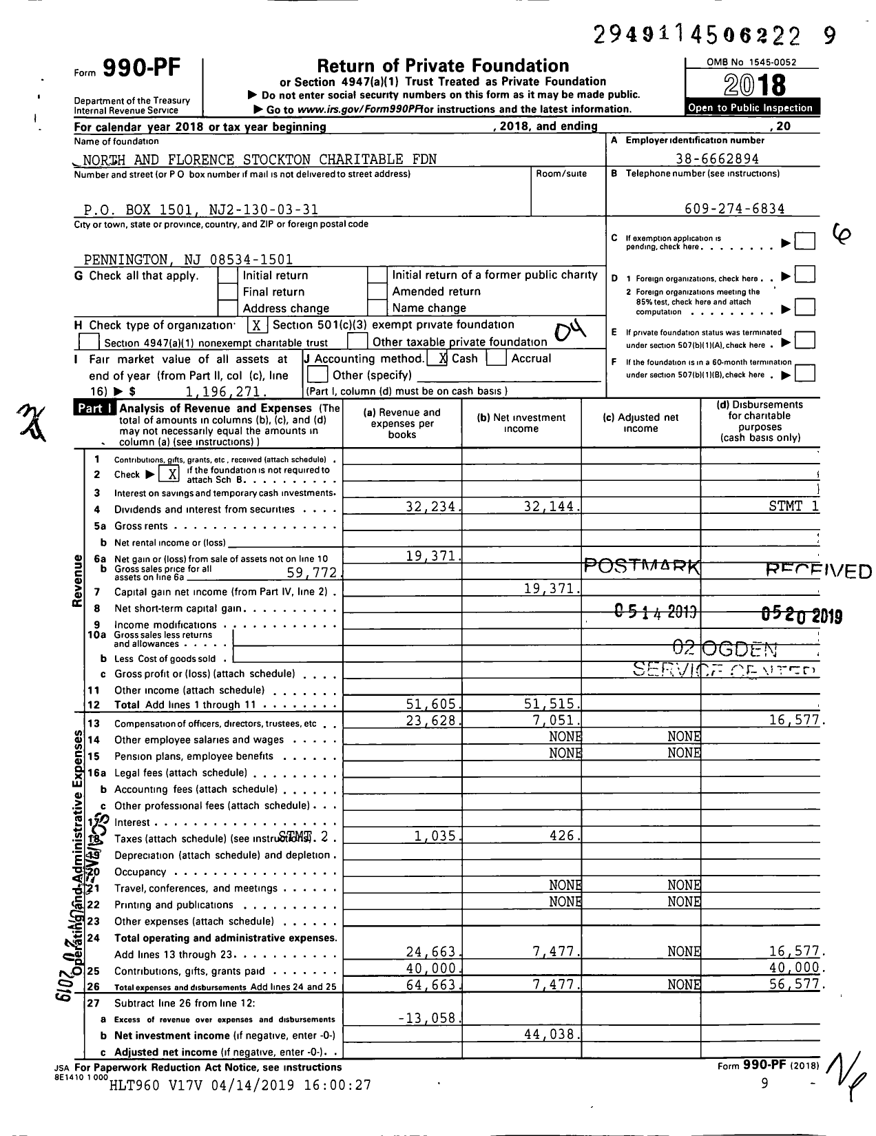 Image of first page of 2018 Form 990PF for North and Florence Stockton Charitable Foundation
