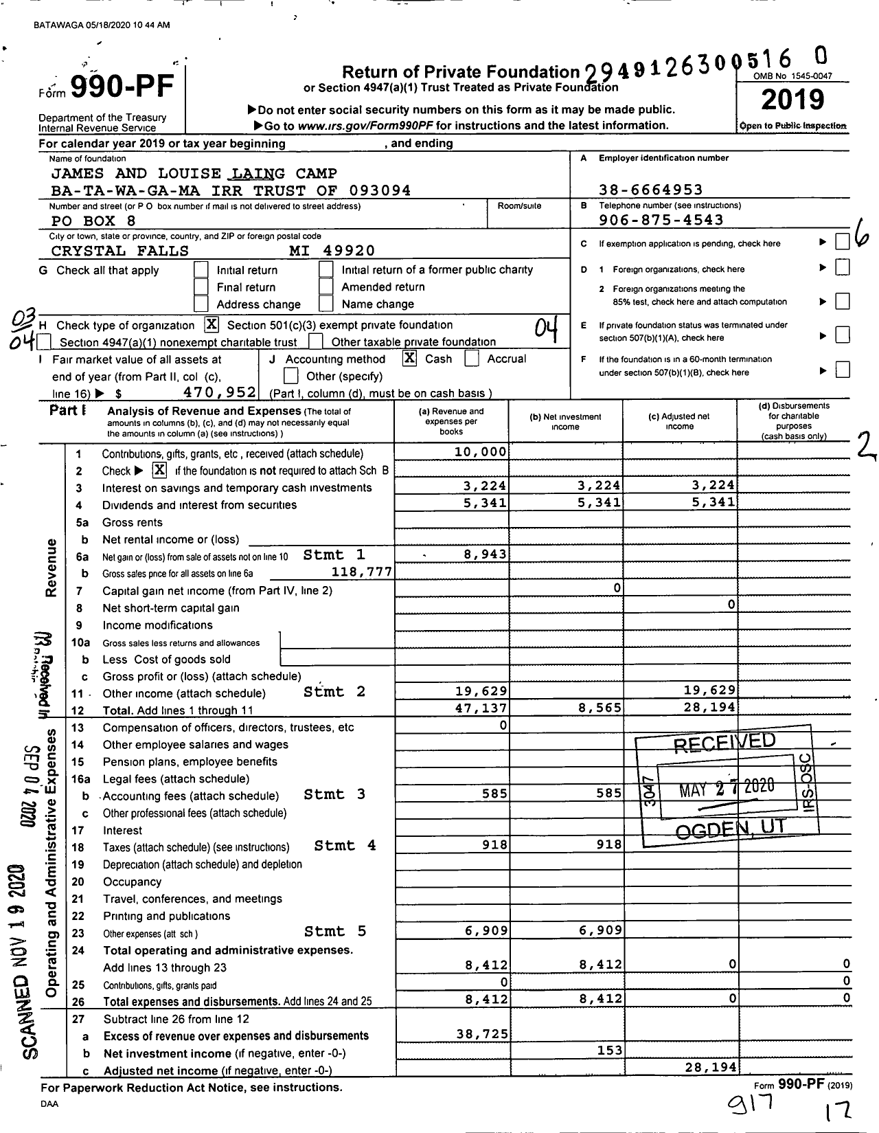 Image of first page of 2019 Form 990PF for James and Louise Laing Camp Ba-Ta-Wa-Ga-Ma Irr Trust of 093094