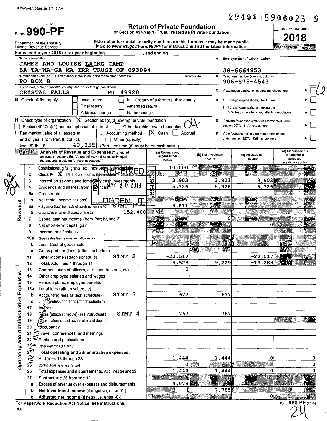 Image of first page of 2018 Form 990PF for James and Louise Laing Camp Ba-Ta-Wa-Ga-Ma Irr Trust of 093094