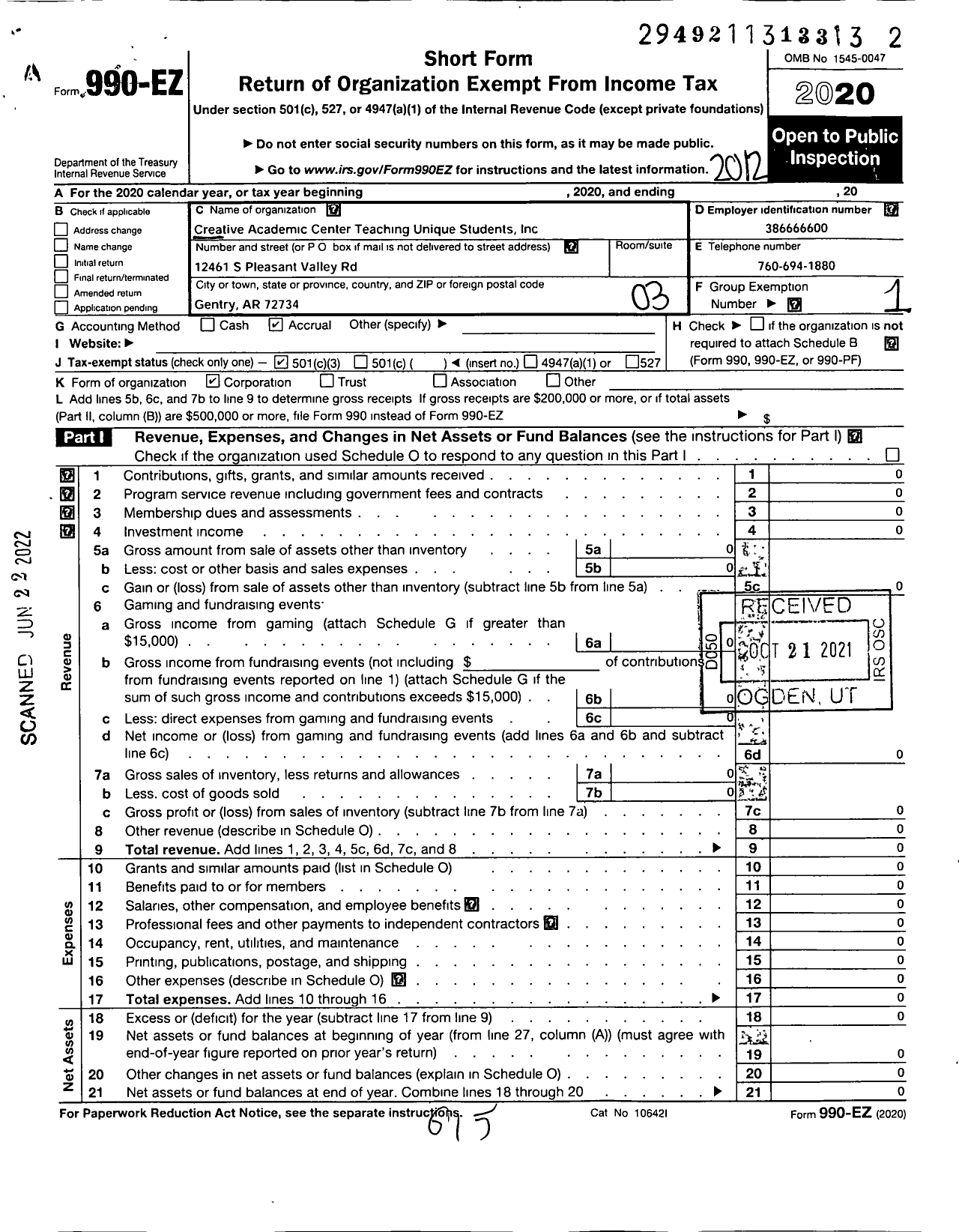 Image of first page of 2020 Form 990EZ for Creative Academic Center Teaching Unique Students