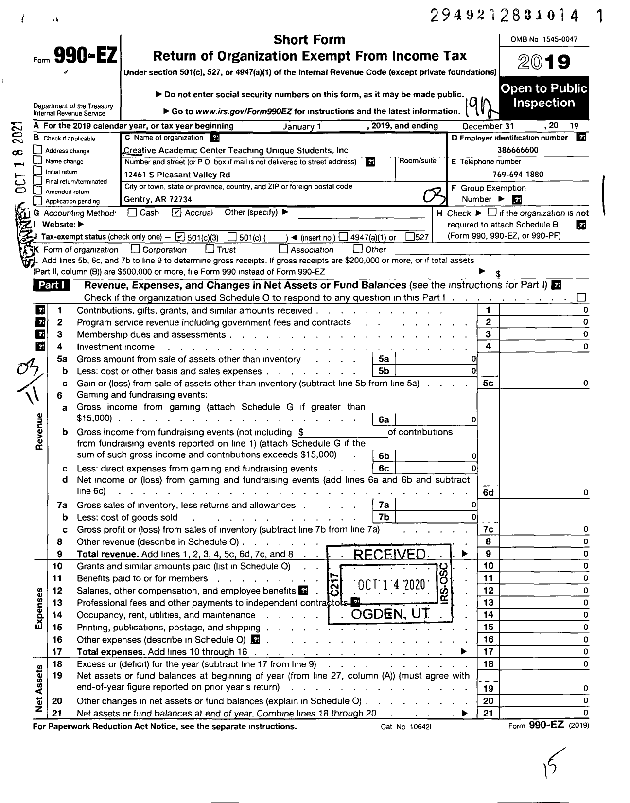 Image of first page of 2019 Form 990EZ for Creative Academic Center Teaching Unique Students