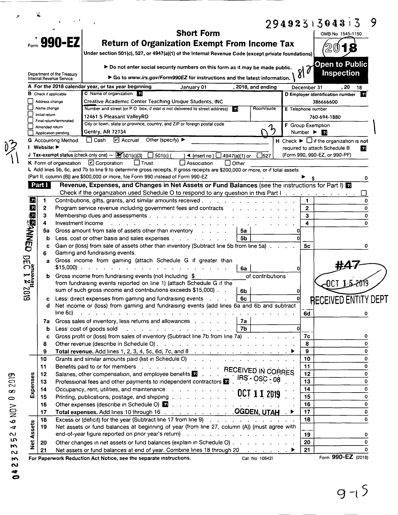 Image of first page of 2018 Form 990EZ for Creative Academic Center Teaching Unique Students