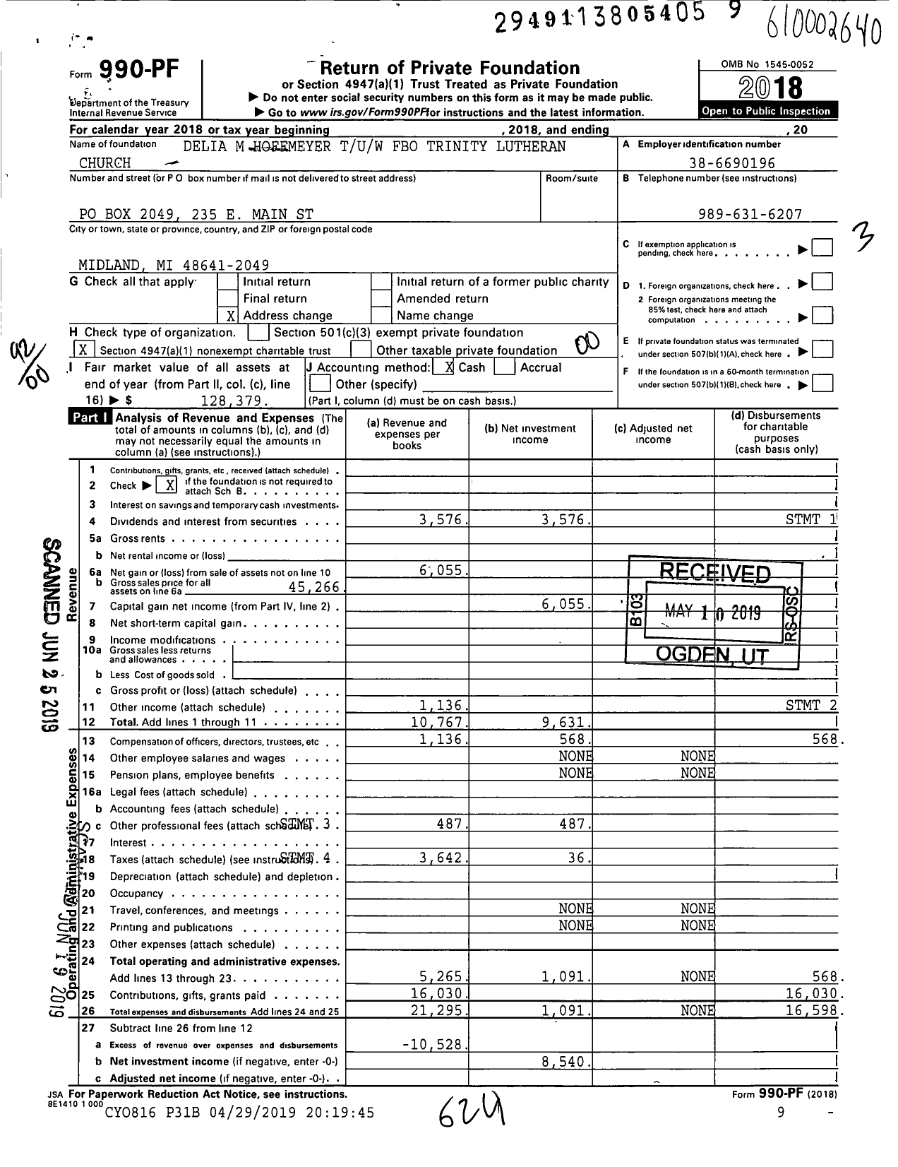 Image of first page of 2018 Form 990PF for Delia M Hoffmeyer Tuw Fbo Trinity Lutheran