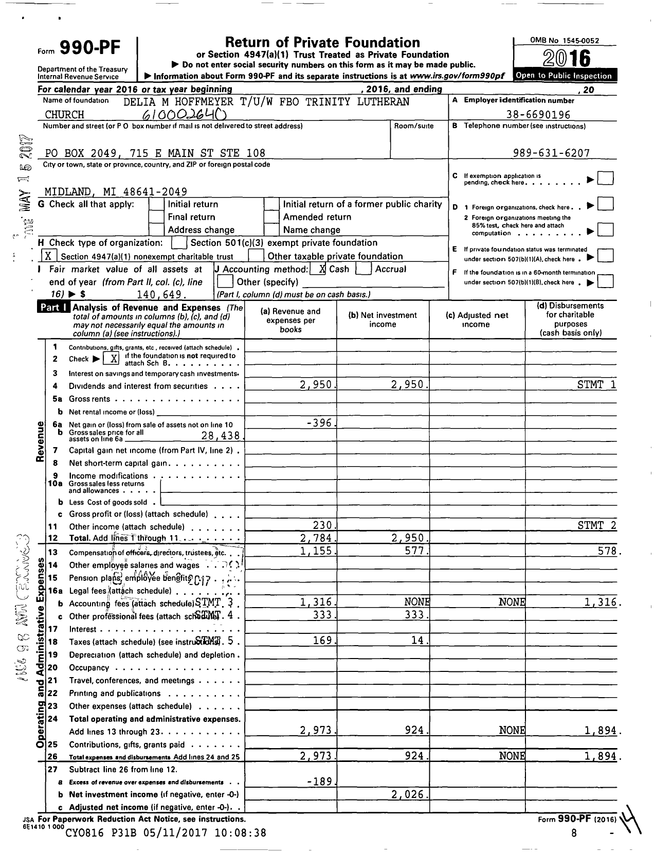 Image of first page of 2016 Form 990PF for Delia M Hoffmeyer Tuw Fbo Trinity Lutheran