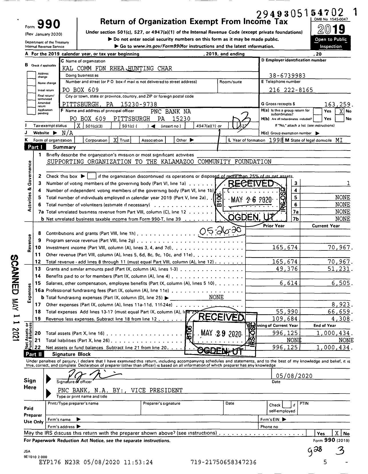 Image of first page of 2019 Form 990 for Kal Comm Foundation Rhea Hunting Char