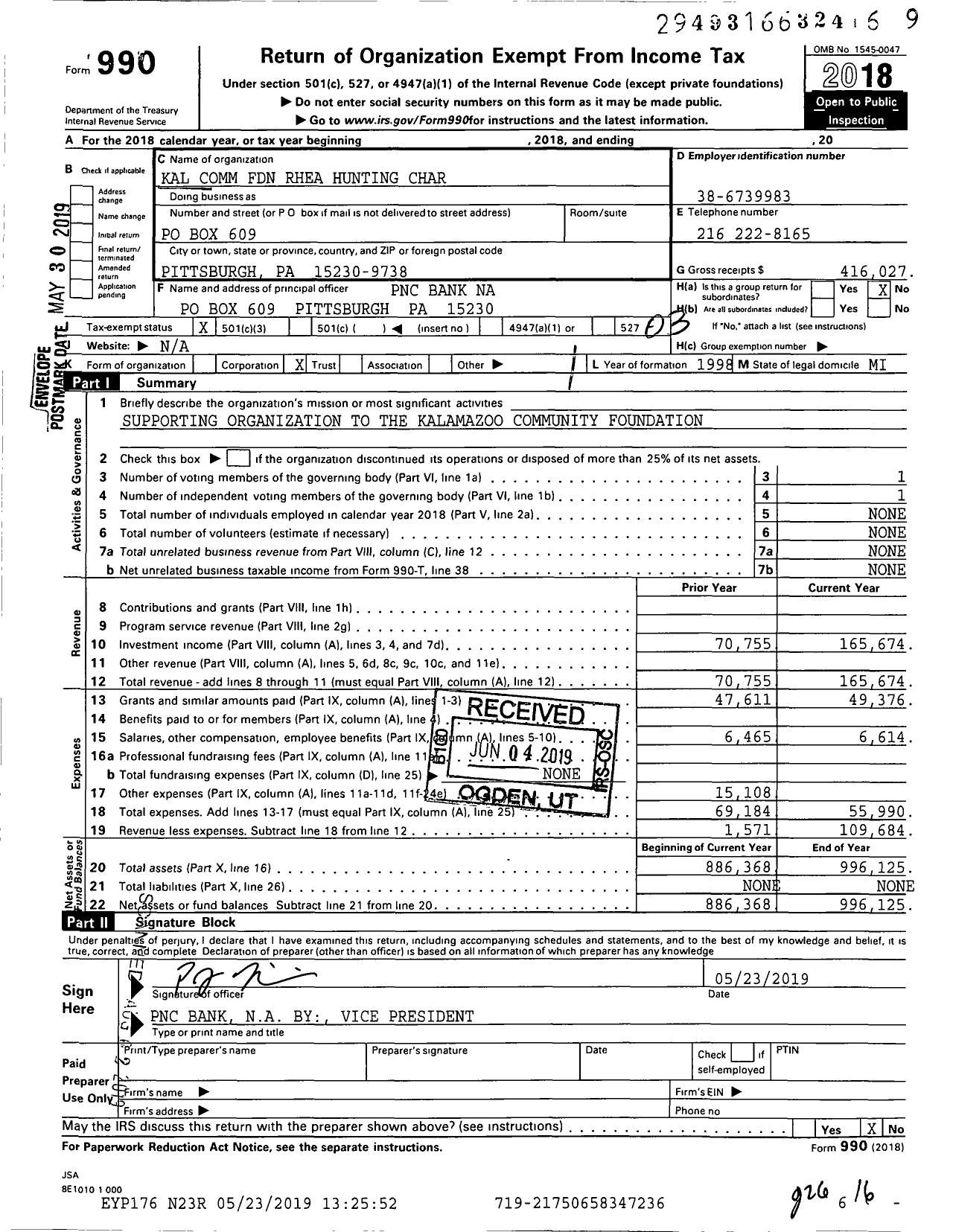 Image of first page of 2018 Form 990 for Kal Comm Foundation Rhea Hunting Char