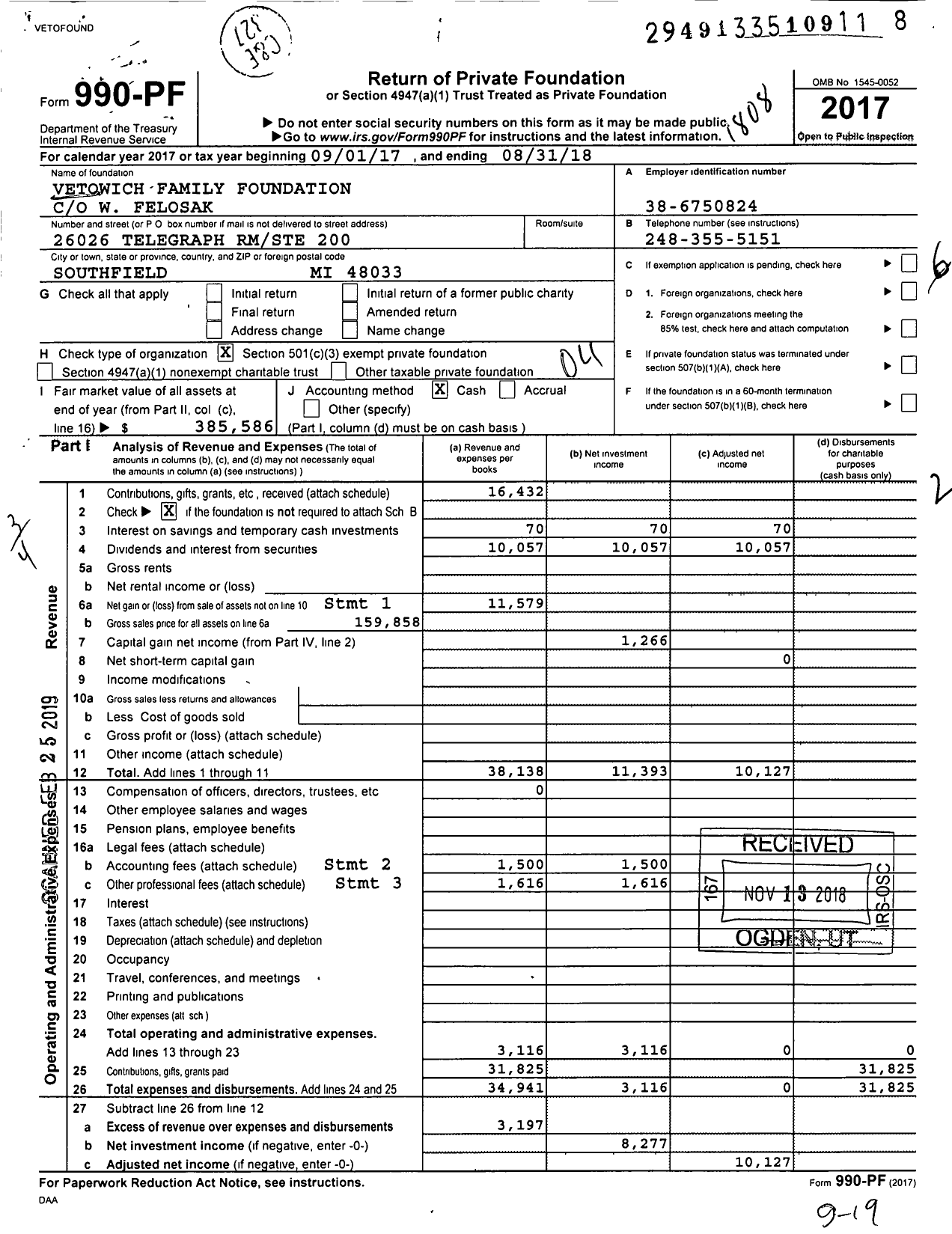 Image of first page of 2017 Form 990PF for Vetowich Family Foundation