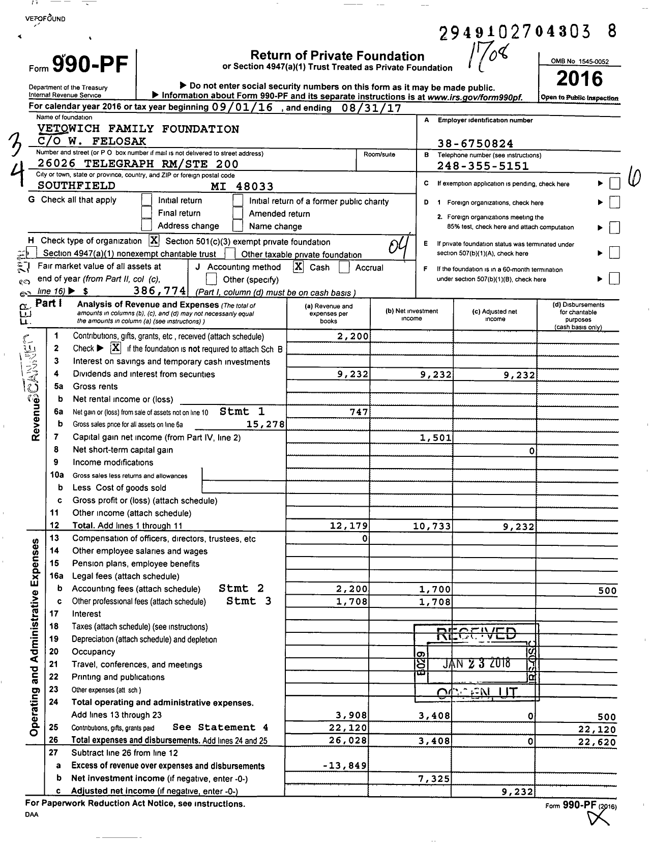 Image of first page of 2016 Form 990PF for Vetowich Family Foundation