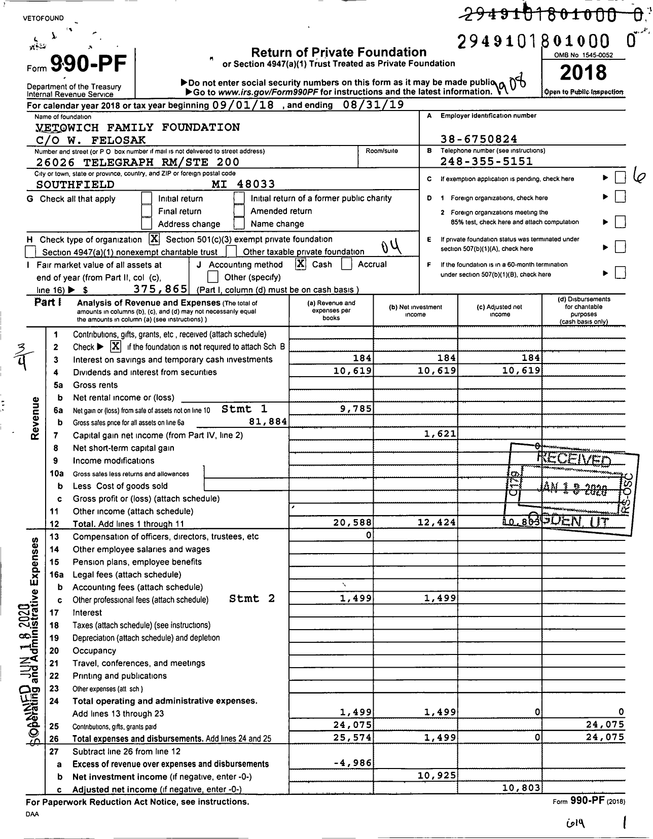 Image of first page of 2018 Form 990PR for Vetowich Family Foundation