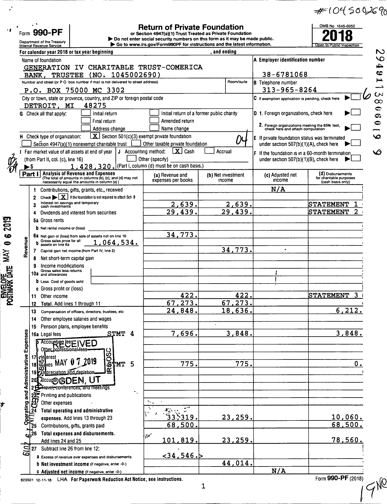 Image of first page of 2018 Form 990PF for Generation Iv Charitable Trust