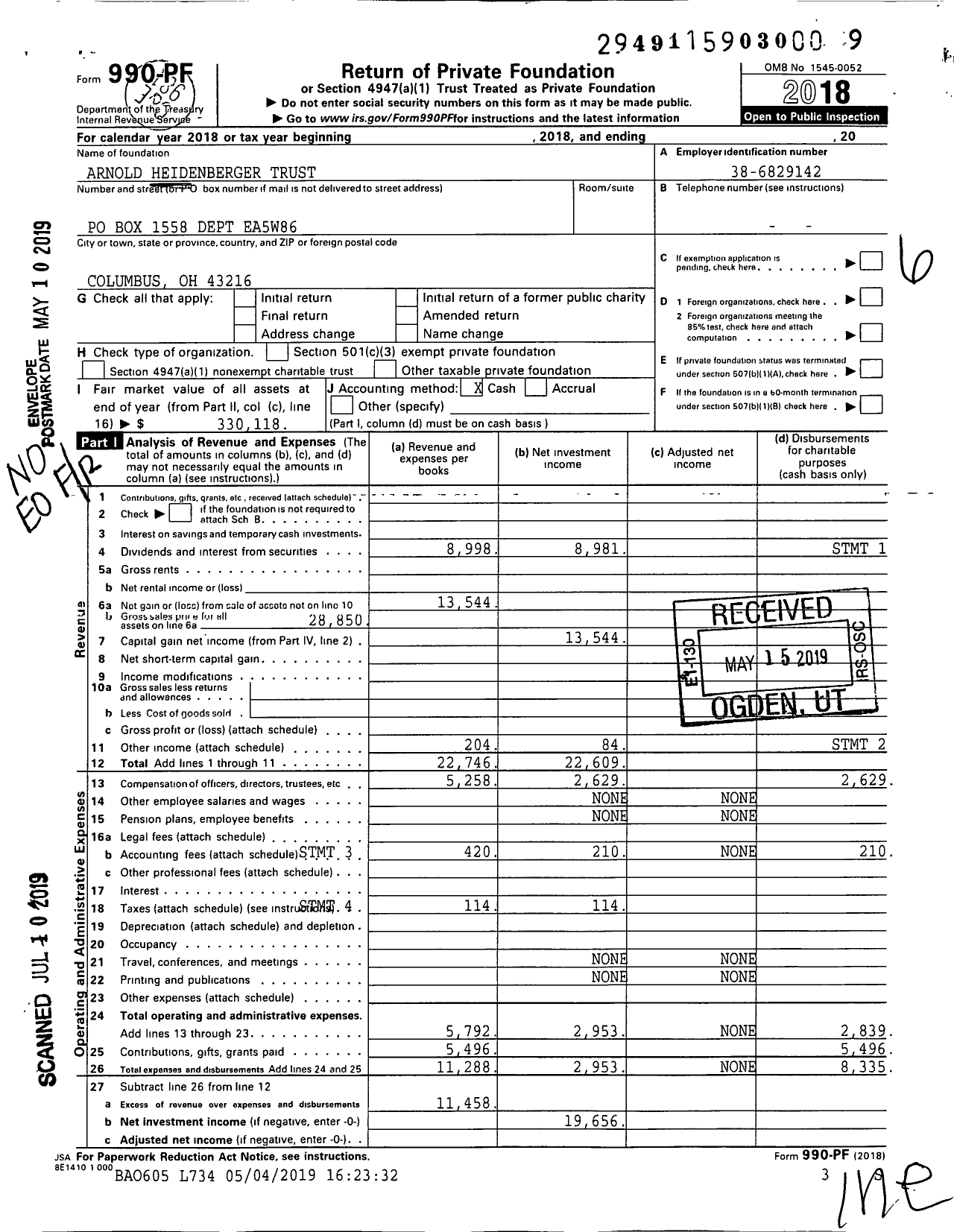 Image of first page of 2018 Form 990PF for Arnold Heidenberger Trust